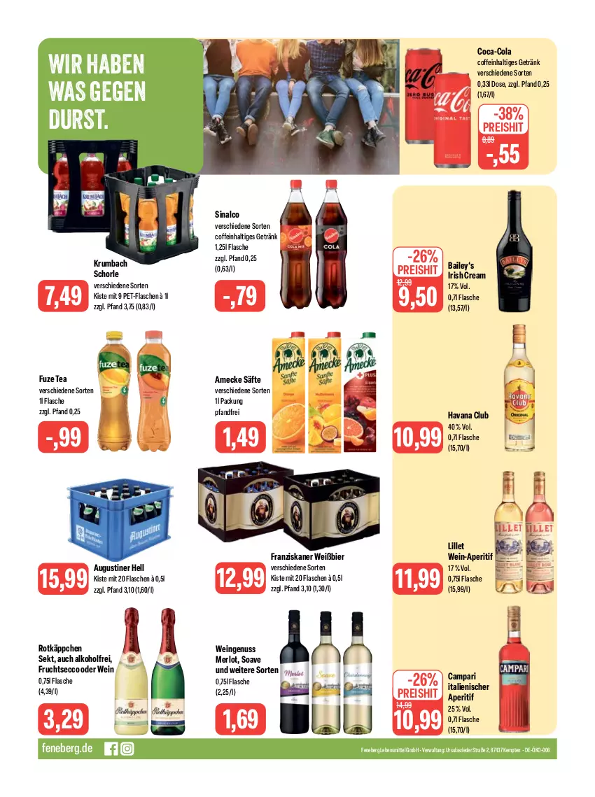 Aktueller Prospekt Feneberg - Prospekte - von 21.09 bis 23.09.2023 - strona 16 - produkty: alkohol, amecke, aperitif, bier, campari, coca-cola, coffein, cola, ecco, eis, flasche, franziskaner, frucht, fruchtsecco, fuze tea, getränk, Havana Club, irish cream, krumbach, lebensmittel, lillet, merl, merlot, nuss, pet-flasche, pet-flaschen, reis, rotkäppchen, rum, säfte, schorle, sekt, sinalco, Ti, wein