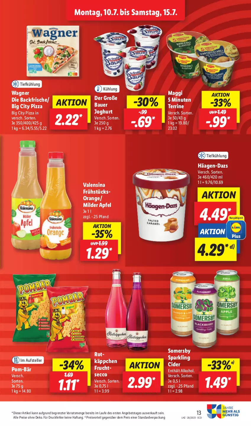 Aktueller Prospekt Lidl - Aktionsprospekt - von 10.07 bis 15.07.2023 - strona 15 - produkty: alkohol, angebot, apfel, auer, Bau, Bauer, cider, ecco, eis, elle, frucht, fruchtsecco, häagen-dazs, joghur, joghurt, maggi, orange, pizza, pom-bär, preisvorteil, reis, rotkäppchen, somersby, teller, terrine, Ti, valensina, wagner, ZTE