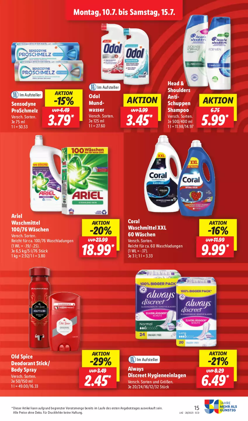 Aktueller Prospekt Lidl - Aktionsprospekt - von 10.07 bis 15.07.2023 - strona 17 - produkty: Alwa, Always, angebot, ariel, ariel waschmittel, body, Coral, deo, deodorant, Discreet, eis, elle, mundwasser, Odol, Old Spice, reis, sensodyne, shampoo, teller, Ti, tisch, waschmittel, wasser, ZTE