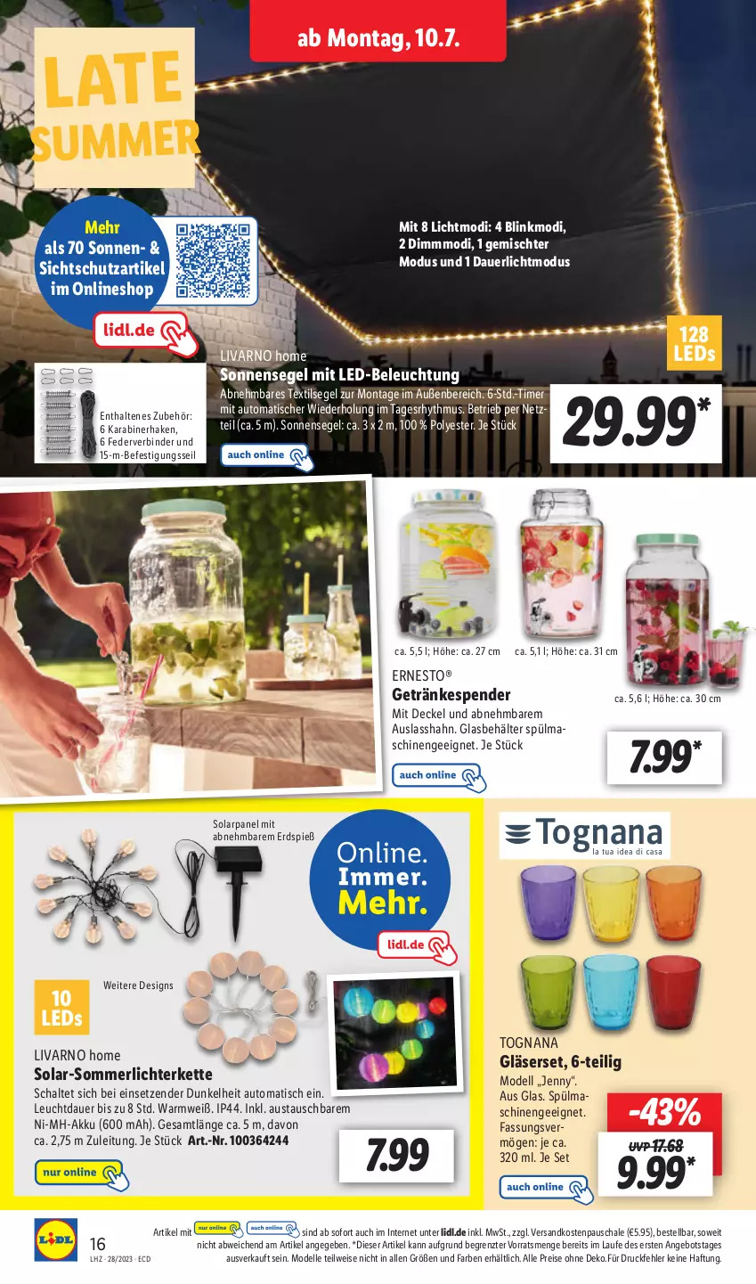 Aktueller Prospekt Lidl - Aktionsprospekt - von 10.07 bis 15.07.2023 - strona 20 - produkty: ACC, akku, angebot, auer, aust, auto, ball, Behälter, beleuchtung, decke, Deckel, dell, eis, elle, ernesto, getränk, getränke, getränkespender, gin, Gläser, Kette, led-beleuchtung, leds, lichterkette, merl, mit led-beleuchtung, Mode, ndk, reis, Schal, Schale, sonnensegel, spülmaschinen, Ti, timer, tisch, ZTE