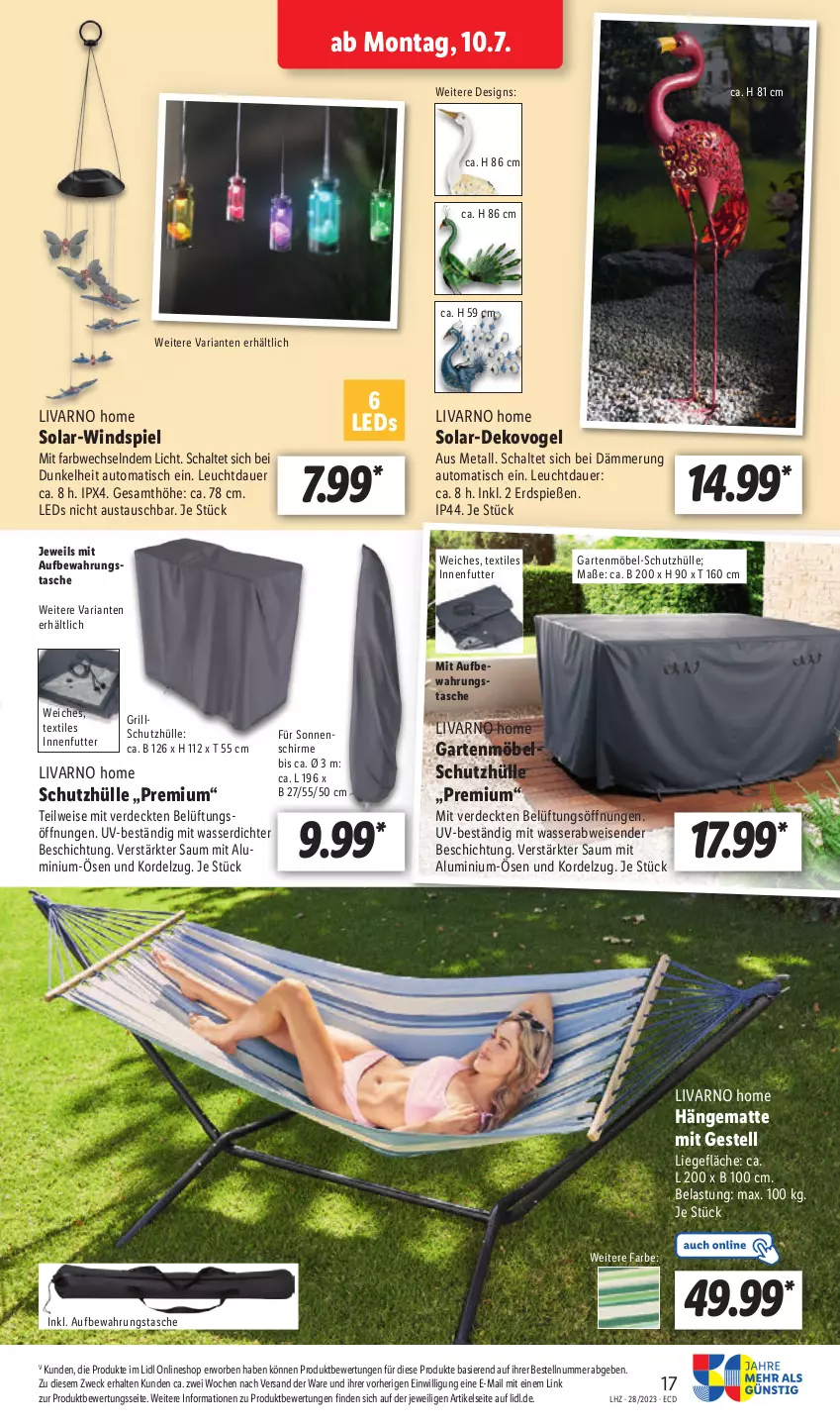 Aktueller Prospekt Lidl - Aktionsprospekt - von 10.07 bis 15.07.2023 - strona 21 - produkty: auer, aufbewahrungstasche, aust, auto, eis, erde, Garten, gartenmöbel, grill, hängematte, leds, Liege, möbel, Ria, Schal, schirme, sonnenschirm, Tasche, Ti, tisch, wasser, weck