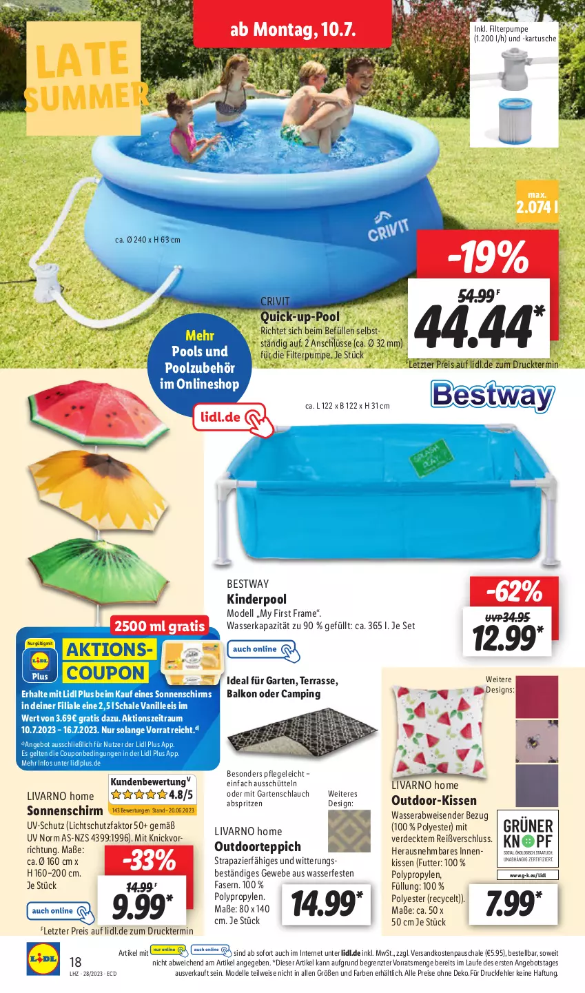 Aktueller Prospekt Lidl - Aktionsprospekt - von 10.07 bis 15.07.2023 - strona 22 - produkty: angebot, bestway, coupon, crivit, dell, eis, elle, erde, Garten, gartenschlauch, Kinder, Kinderpool, kissen, Mode, ndk, pool, reis, Schal, Schale, schlauch, sonnenschirm, teppich, Ti, vanille, wasser, ZTE