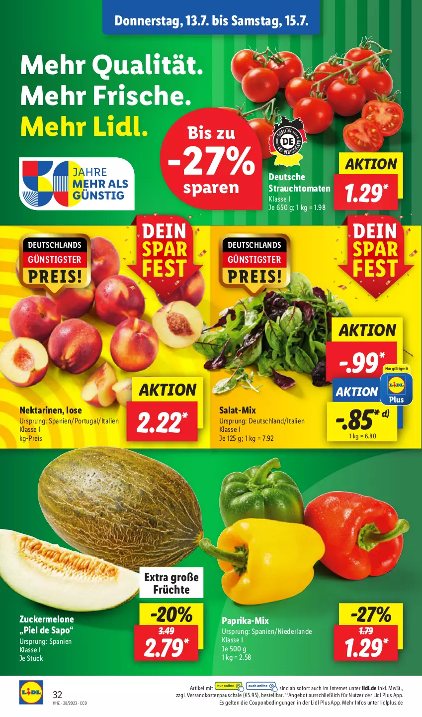 Aktueller Prospekt Lidl - Aktionsprospekt - von 10.07 bis 15.07.2023 - strona 38 - produkty: angebot, coupon, eis, früchte, melone, ndk, Nektar, nektarinen, paprika, Rauch, reis, salat, Schal, Schale, strauchtomaten, Ti, tomate, tomaten, zucker, Zuckermelone