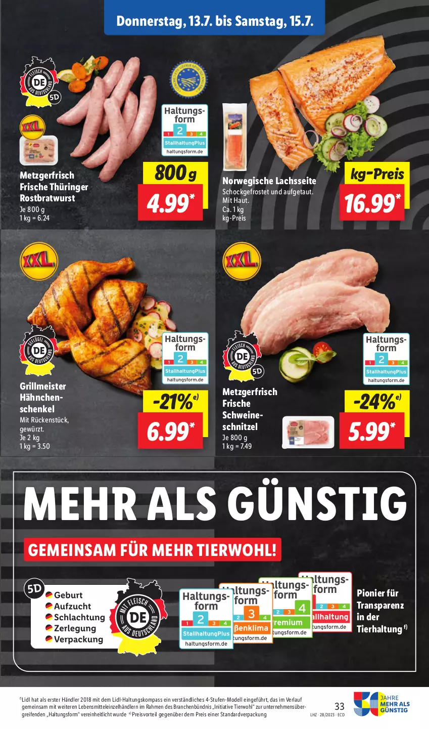 Aktueller Prospekt Lidl - Aktionsprospekt - von 10.07 bis 15.07.2023 - strona 39 - produkty: bratwurst, dell, eis, gewürz, grill, hähnchenschenkel, henkel, lachs, lebensmittel, Meister, Mode, preisvorteil, reifen, reis, ring, rostbratwurst, rwe, schenkel, schnitzel, schwein, schweine, schweineschnitzel, thüringer rostbratwurst, Ti, wein, weine, wurst