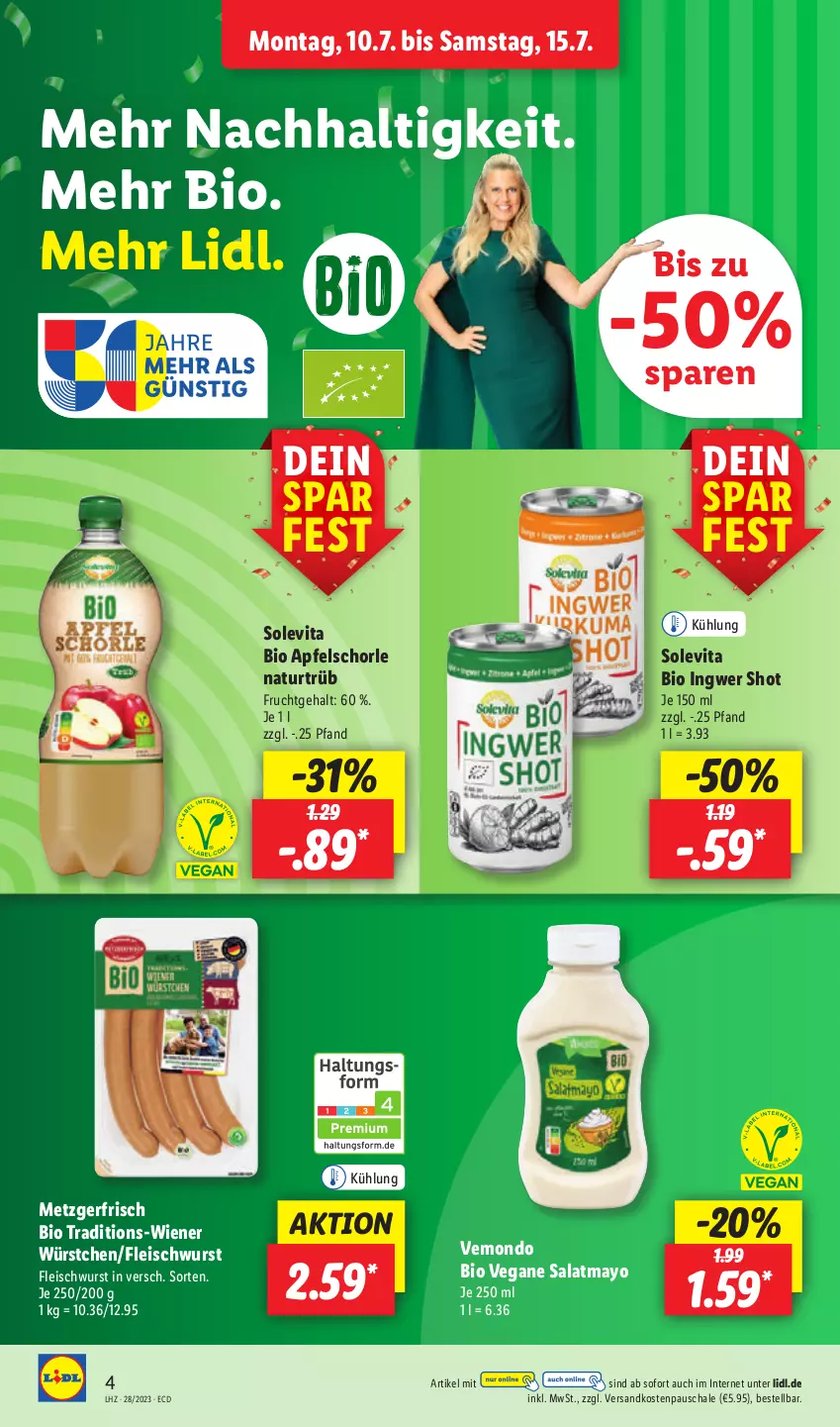 Aktueller Prospekt Lidl - Aktionsprospekt - von 10.07 bis 15.07.2023 - strona 4 - produkty: apfel, Apfelschorle, bio, eis, fleisch, fleischwurst, frucht, ingwer, natur, ndk, salat, Schal, Schale, schorle, Ti, vita, wiener, wiener würstchen, wurst, würstchen, Yo