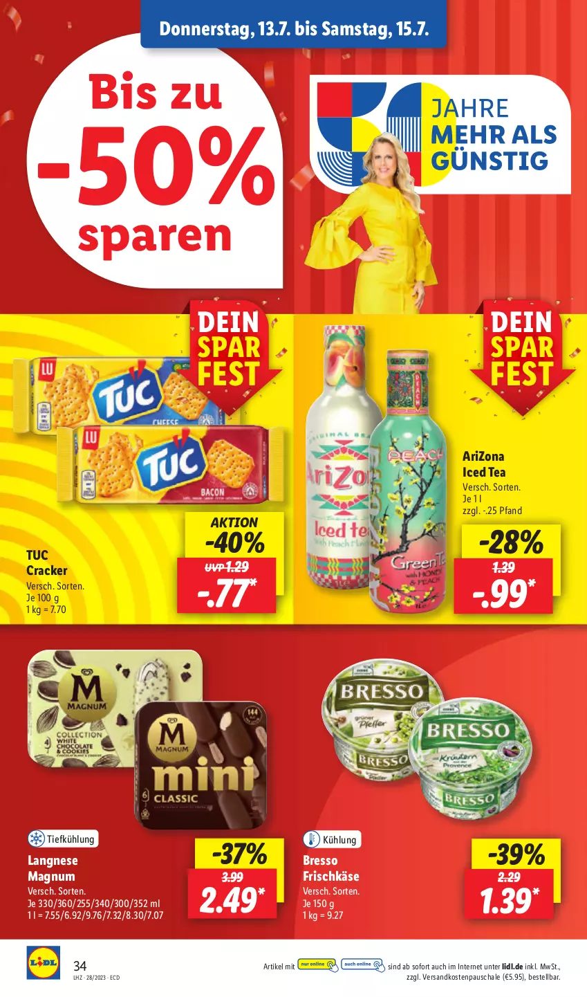 Aktueller Prospekt Lidl - Aktionsprospekt - von 10.07 bis 15.07.2023 - strona 40 - produkty: bresso, cracker, frischkäse, Käse, langnese, magnum, ndk, Schal, Schale, Ti, tuc