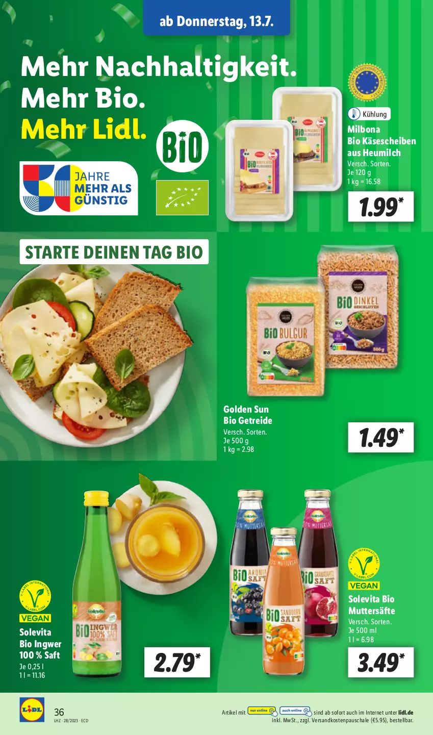 Aktueller Prospekt Lidl - Aktionsprospekt - von 10.07 bis 15.07.2023 - strona 42 - produkty: bio, Bona, Heu, heumilch, ingwer, Käse, käsescheiben, Milbona, milch, ndk, saft, säfte, Schal, Schale, Ti, vita