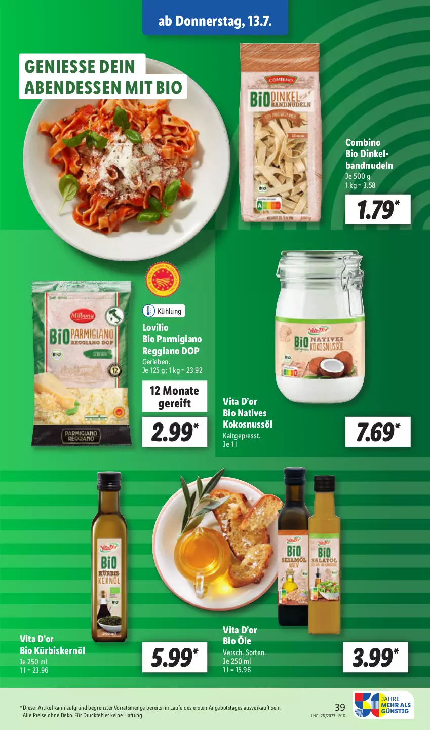 Aktueller Prospekt Lidl - Aktionsprospekt - von 10.07 bis 15.07.2023 - strona 45 - produkty: angebot, bio, eis, kokos, kokosnuss, Kokosnussöl, Kürbis, Kürbiskernöl, nudel, nudeln, nuss, parmigiano, parmigiano reggiano, reggiano, reis, Ti, vita, ZTE