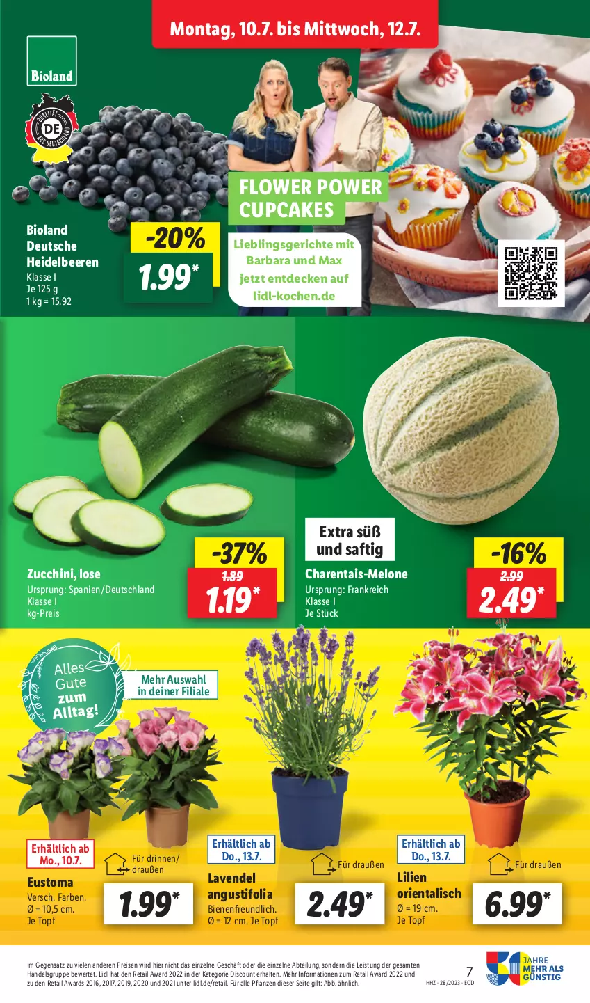 Aktueller Prospekt Lidl - Aktionsprospekt - von 10.07 bis 15.07.2023 - strona 7 - produkty: Abtei, beere, beeren, bio, bioland, decke, discount, eis, heidelbeere, heidelbeeren, lavendel, melone, pflanze, pflanzen, reis, saft, Ti, topf, zucchini