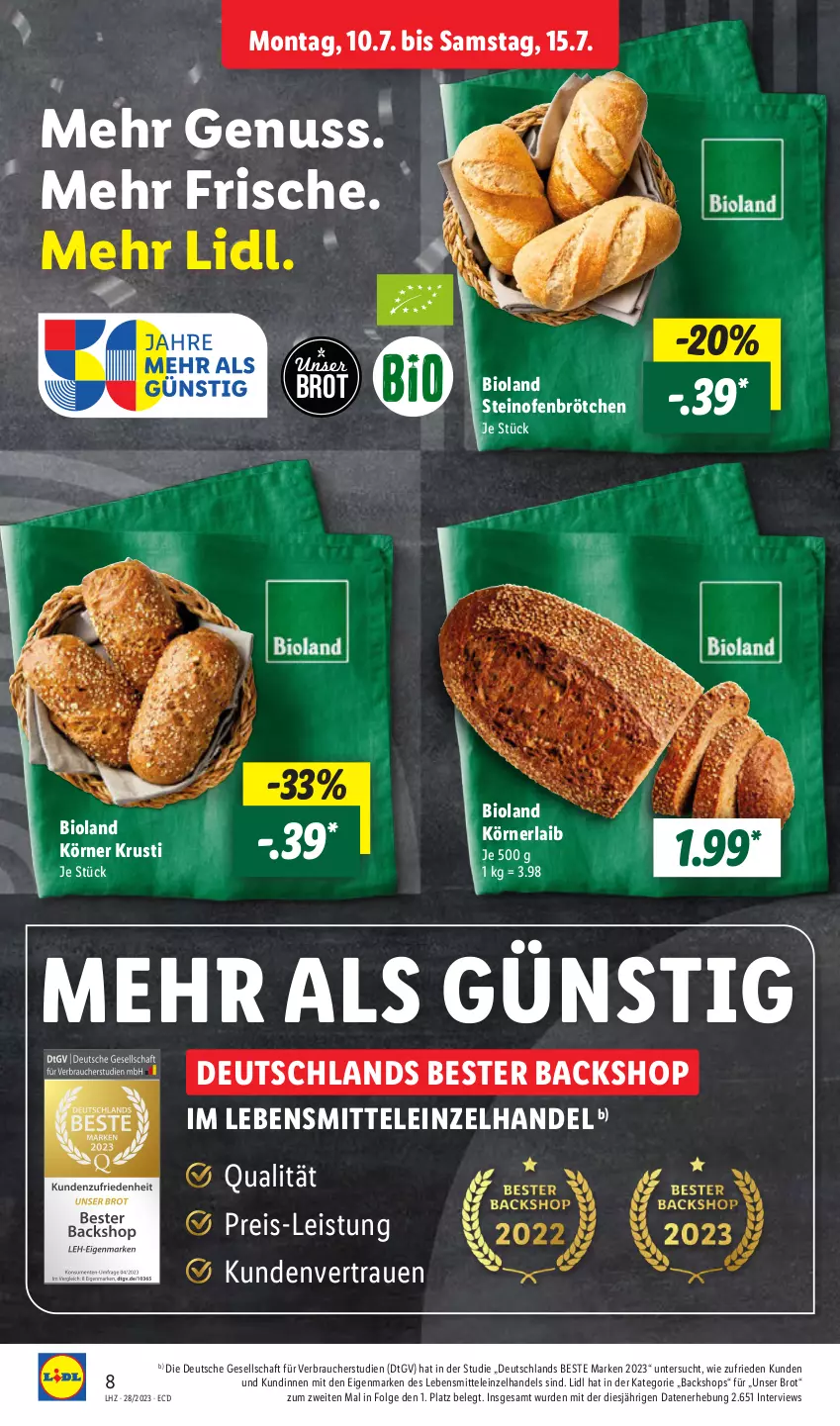 Aktueller Prospekt Lidl - Aktionsprospekt - von 10.07 bis 15.07.2023 - strona 8 - produkty: bio, bioland, brot, brötchen, eis, lebensmittel, LG, nuss, Ofen, Rauch, reis, steinofen, Ti