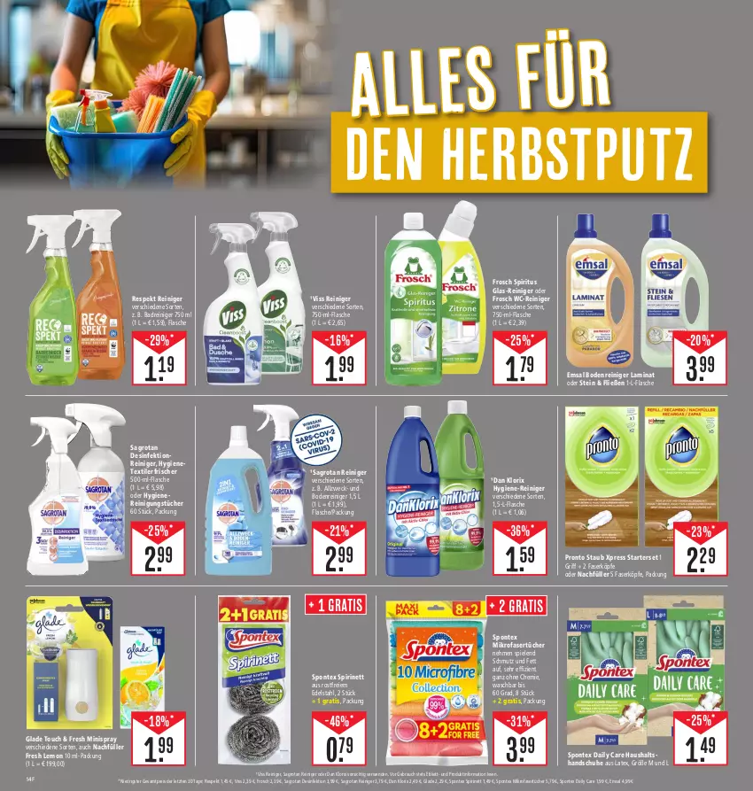 Aktueller Prospekt E Center - Angebote der Woche - von 18.09 bis 23.09.2023 - strona 14 - produkty: Bad, Desinfektion, edelstahl, eis, emsa, flasche, Frosch, Glade, handschuhe, hygiene-reiniger, laminat, mikrofaser, Mikrofasertücher, Pronto, Rauch, reiniger, Reinigung, reinigungstücher, reis, rwe, sagrotan, schuhe, Spiele, spiritus, spontex, Textilerfrischer, Ti, tücher, wc-reiniger, weck, ZTE