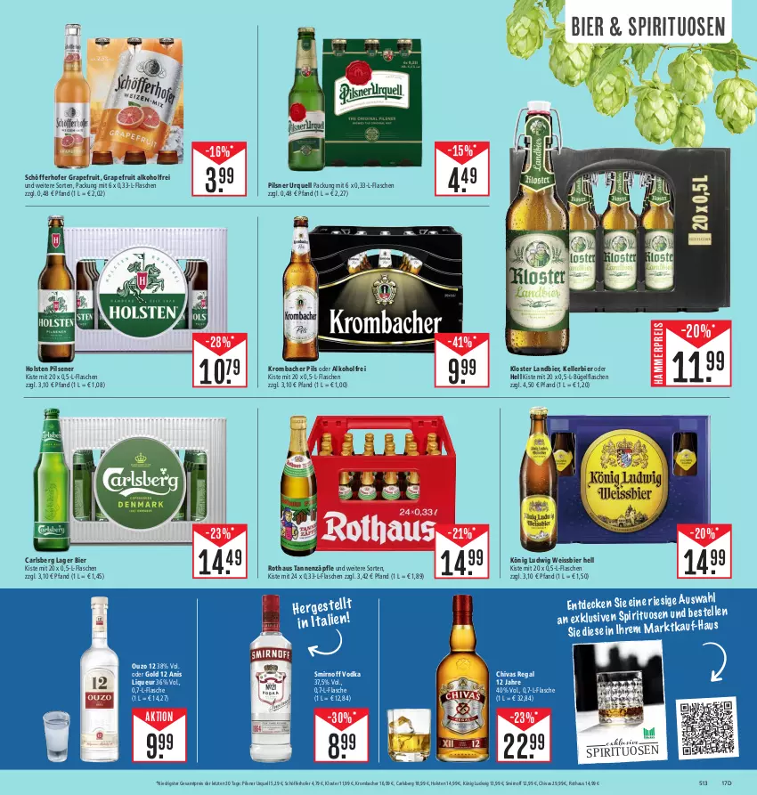 Aktueller Prospekt E Center - Angebote der Woche - von 18.09 bis 23.09.2023 - strona 17 - produkty: alkohol, bier, bügel, bügelflasche, carlsberg, eis, elle, flasche, grapefruit, holsten, holsten pilsener, kellerbier, krombache, krombacher, krombacher pils, liqueur, ouzo, ouzo 12, pils, pilsener, pilsner, pilsner urquell, regal, reis, schöfferhofer, smirnoff, spirituosen, Ti, vodka, weissbier, ZTE