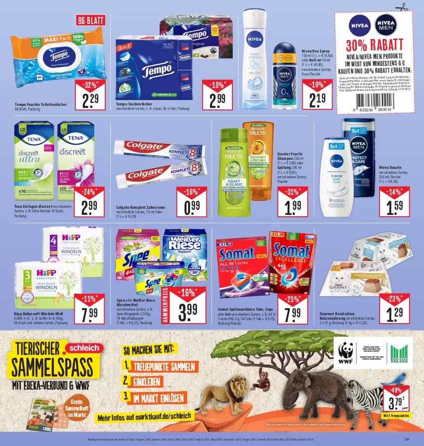 Aktueller Prospekt E Center - Angebote der Woche - von 18.09 bis 23.09.2023 - strona 19 - produkty: Cap, colgate, coupon, coupons, creme, deo, deo spray, Discreet, dusche, eis, flasche, fructis, garnier, gin, hipp, katzennahrung, LG, mac, megaperls, nivea, Nivea Men, reis, roll-on, Schleich, shampoo, shampoo 250 ml, somat, spee, spülmaschinen, spülung, spülung 200 ml, Tasche, taschen, taschentücher, Tempo, Ti, toilettentücher, tücher, waschmittel, windeln, zahncreme, ZTE