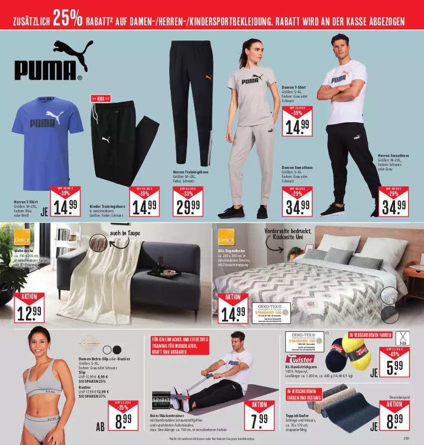 Aktueller Prospekt E Center - Angebote der Woche - von 18.09 bis 23.09.2023 - strona 25 - produkty: auer, coupon, coupons, damen t-shirt, decke, eis, ente, hohenstein, hose, Kinder, kleid, Kleidung, kraft, Laufen, Läufer, rabatt-coupon, shirt, slip, Sport, Stier, Strickgarn, Sweathose, T-Shirt, tagesdecke, teppich, Ti, Trainingshose