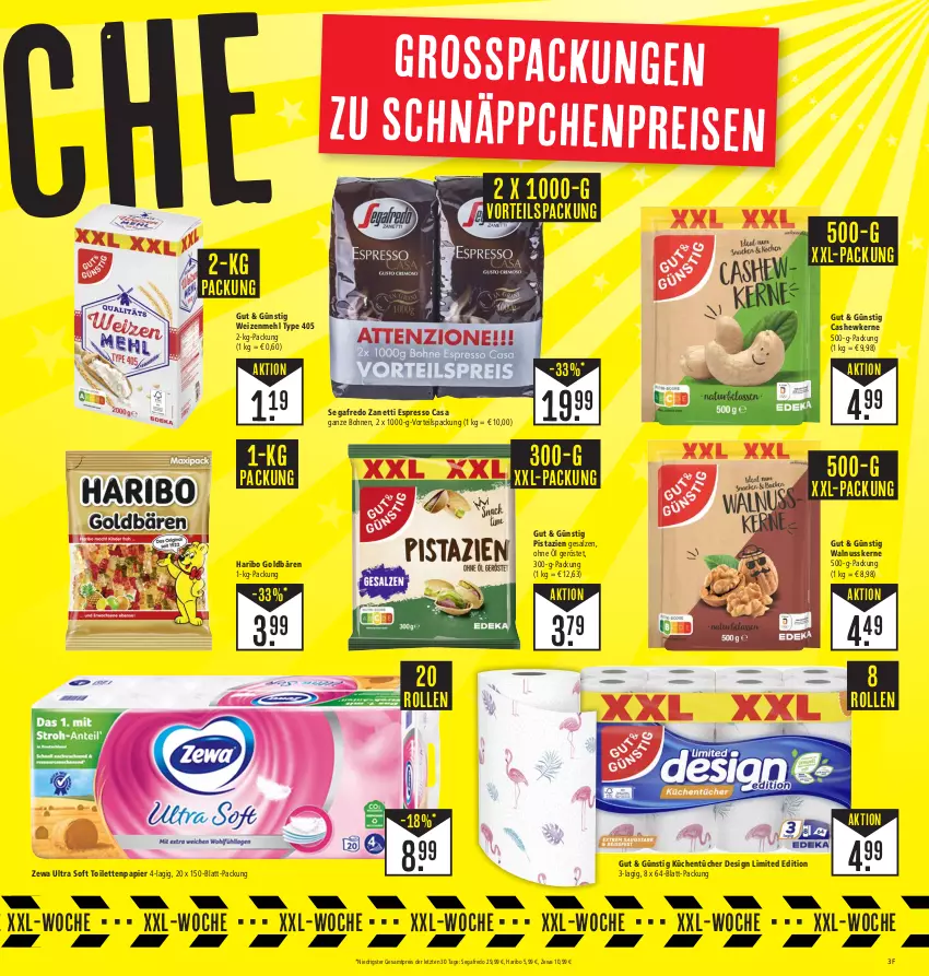 Aktueller Prospekt E Center - Angebote der Woche - von 18.09 bis 23.09.2023 - strona 3 - produkty: bohne, bohnen, Cashew, cashewkerne, eis, espresso, goldbären, haribo, küche, Küchen, küchentücher, mehl, nuss, papier, pistazien, reis, salz, schnäppchen, Segafredo, Ti, toilettenpapier, tücher, type 405, walnuss, walnusskerne, weizenmehl, xxl-packung, zewa, ZTE