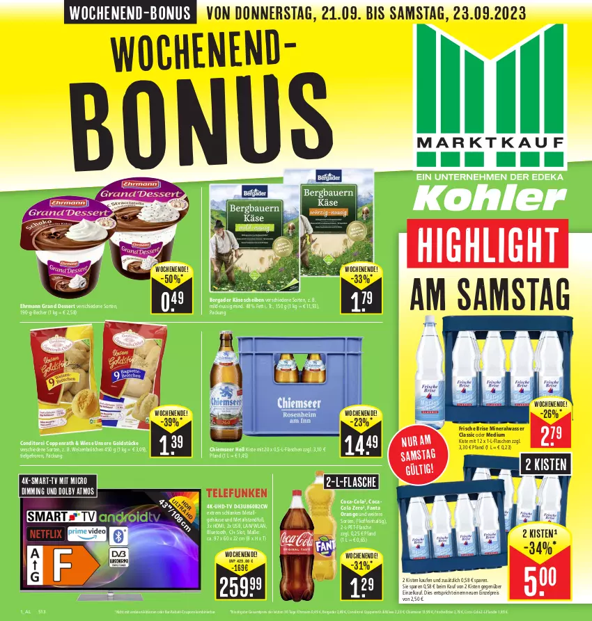 Aktueller Prospekt E Center - Angebote der Woche - von 18.09 bis 23.09.2023 - strona 31 - produkty: Alwa, Becher, bergader, brötchen, coca-cola, cola, coppenrath, coupon, coupons, dessert, ehrmann, Ehrmann Grand Dessert, eis, fanta, flasche, Goldstücke, HDMI, Käse, käsescheiben, LG, mineralwasser, Mineralwasser Classic, nuss, orange, pet-flasche, rabatt-coupon, reis, Ti, uhd, UHD-TV, usb, wasser, weizenbrötchen, ZTE