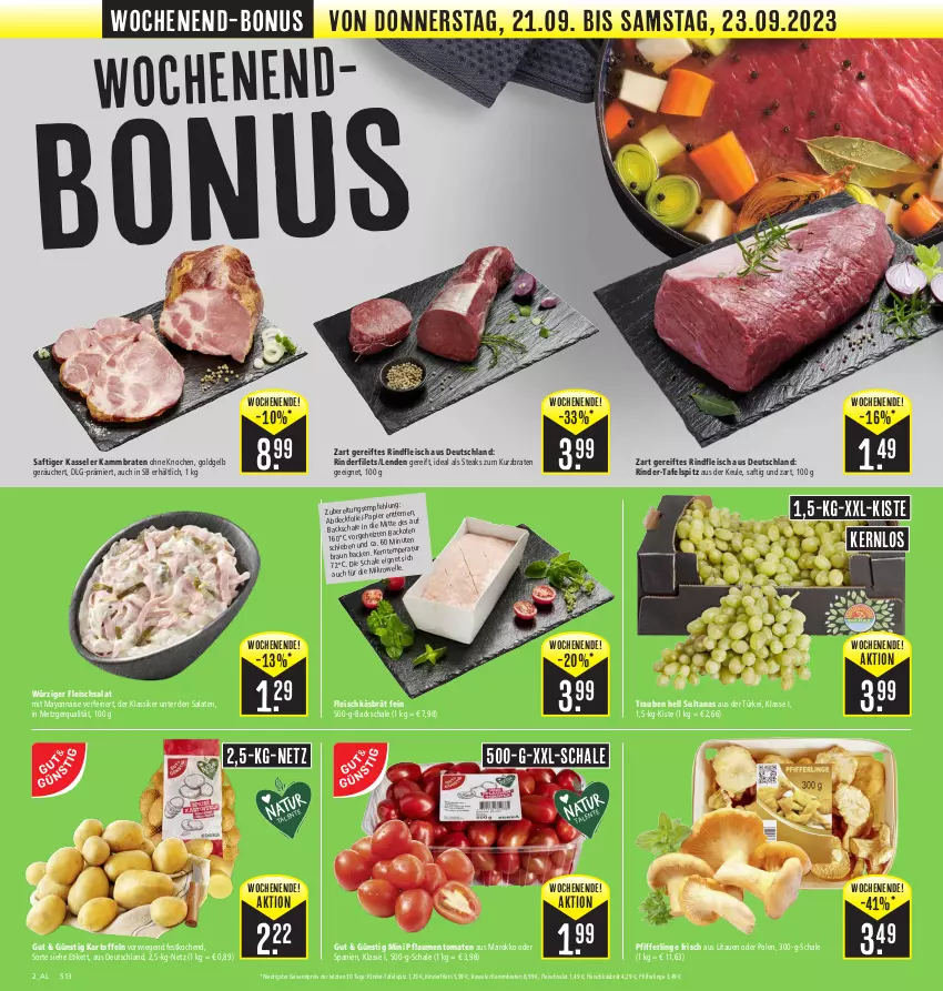 Aktueller Prospekt E Center - Angebote der Woche - von 18.09 bis 23.09.2023 - strona 32 - produkty: backofen, braten, braun, eis, elle, filet, filets, fleisch, fleischsalat, kartoffel, kartoffeln, kasseler, LG, mayonnaise, Ofen, Pfifferlinge, pflaume, pflaumen, reis, rind, rinder, rinderfilet, rindfleisch, saft, salat, salate, Schal, Schale, steak, steaks, tafelspitz, Ti, tomate, tomaten, trauben, Yo, ZTE