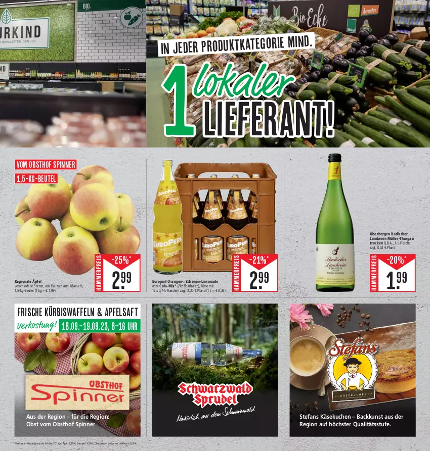 Aktueller Prospekt E Center - Angebote der Woche - von 18.09 bis 23.09.2023 - strona 37 - produkty: apfel, apfelsaft, Bad, beutel, cola, eis, flasche, Käse, käsekuchen, kuchen, Kürbis, limo, limonade, Müller, Müller-Thurgau, obst, orange, orangen, reis, saft, Ti, uhr, waffeln, wein, zitrone, zitronen, ZTE