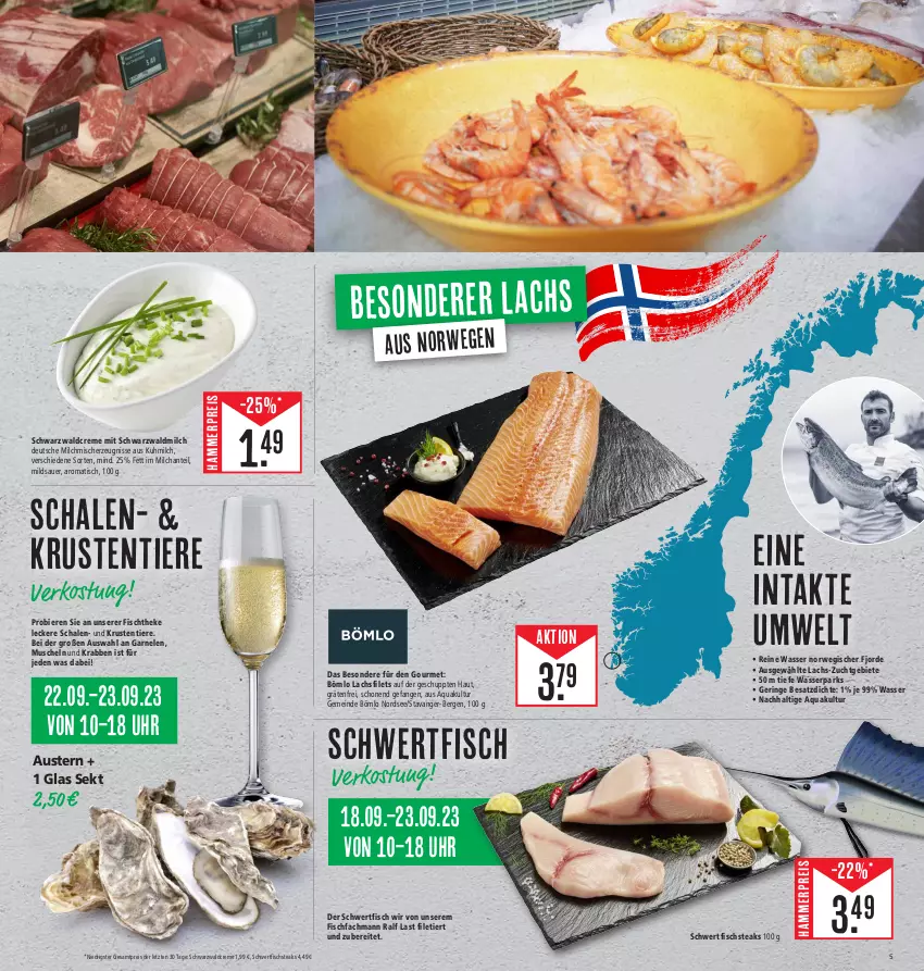 Aktueller Prospekt E Center - Angebote der Woche - von 18.09 bis 23.09.2023 - strona 39 - produkty: aqua, auer, aust, Austern, bier, Biere, creme, eis, filet, filets, fisch, fischtheke, garnelen, lachs, lachsfilet, lachsfilets, milch, Muscheln, Nordsee, reis, ring, rwe, Schal, Schale, Schwarzwaldcreme, sekt, steak, steaks, Ti, Tiere, tisch, uhr, wasser, ZTE