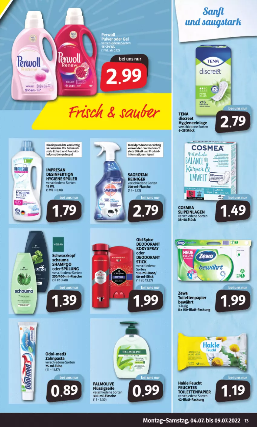 Aktueller Prospekt Markant - Prospekte - von 04.07 bis 09.07.2022 - strona 13 - produkty: bio, biozidprodukte, cosmea, Desinfektion, Discreet, feuchtes toilettenpapier, flasche, hakle, Odol, papier, pasta, Rauch, reiniger, resa, rwe, sagrotan, schauma, schwarzkop, schwarzkopf, shampoo, shampoo oder spülung, slip, slipeinlagen, spülung, Ti, toilettenpapier, zahnpasta, zewa