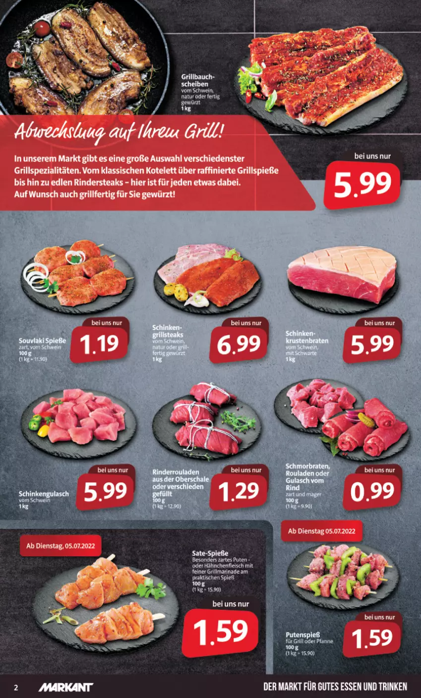 Aktueller Prospekt Markant - Prospekte - von 04.07 bis 09.07.2022 - strona 2 - produkty: gewürz, grill, Grillspieße, gutes essen, kotelett, natur, reifen, rind, rinder, Rindersteak, Spezi, steak, steaks, tee, Ti