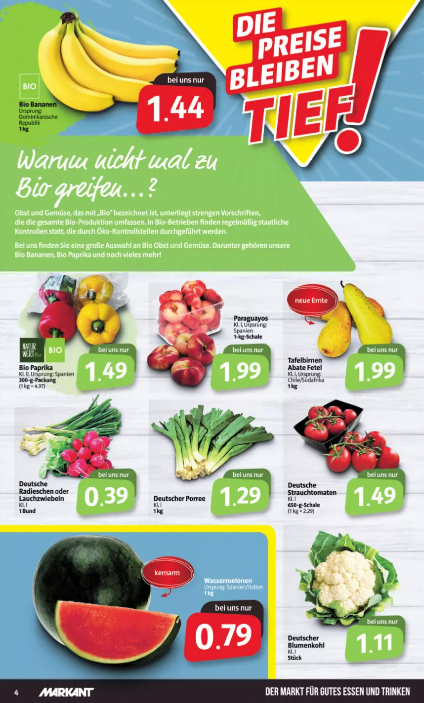 Aktueller Prospekt Markant - Prospekte - von 04.07 bis 09.07.2022 - strona 4 - produkty: banane, bananen, bio, Birnen, blume, blumen, blumenkohl, gutes essen, Lauchzwiebel, lauchzwiebeln, paprika, paraguayos, radieschen, Rauch, Schal, Schale, strauchtomaten, tafelbirnen, tomate, tomaten, Yo, zwiebel, zwiebeln