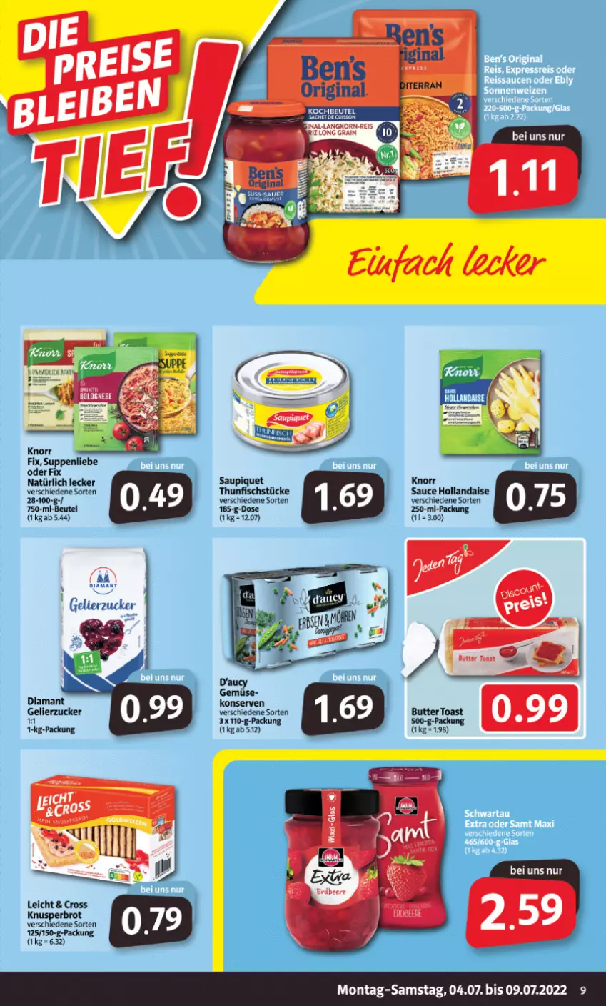 Aktueller Prospekt Markant - Prospekte - von 04.07 bis 09.07.2022 - strona 9 - produkty: beutel, brot, butter, fisch, gelierzucker, hollandaise, knorr, knorr fix, kochbeutel, Konserven, sauce, sauce hollandaise, saupiquet, suppe, suppen, thunfisch, toast, zucker