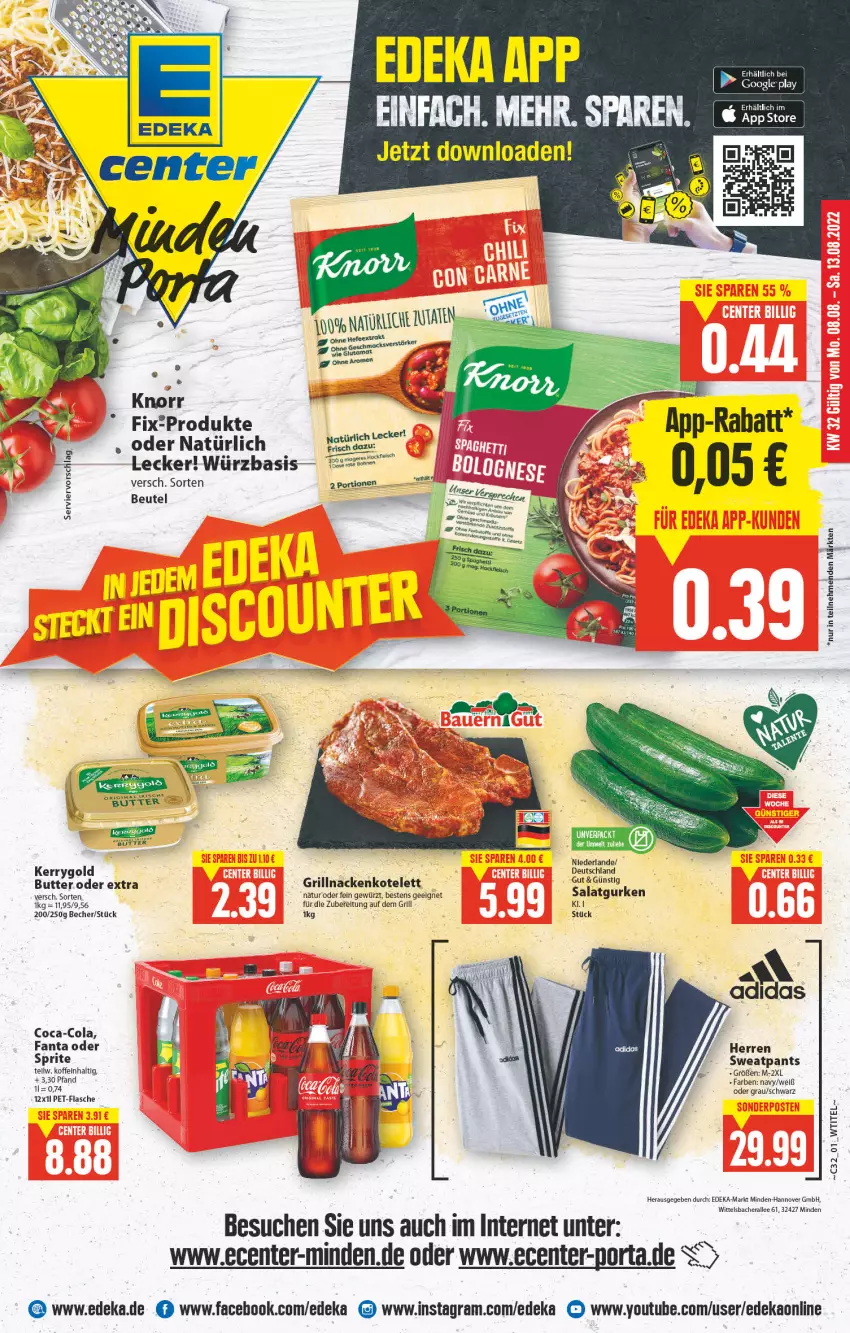 Aktueller Prospekt E Center - Angebote der Woche - von 08.08 bis 13.08.2022 - strona 1 - produkty: Becher, beutel, butter, coca-cola, cola, deka, ente, fanta, fanta oder, fanta oder sprite, flasche, gewürz, google play, grill, gurke, gurken, kerrygold, knorr, kotelett, mac, natur, oder sprite, Pants, pet-flasche, salat, Salatgurke, salatgurken, sprite, Ti, Yo