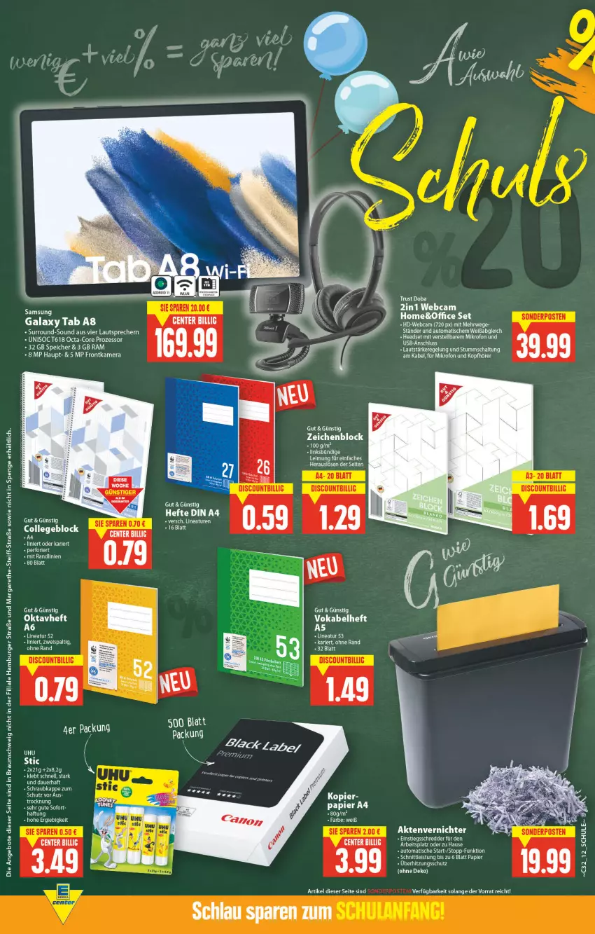 Aktueller Prospekt E Center - Angebote der Woche - von 08.08 bis 13.08.2022 - strona 12 - produkty: Aktenvernichter, angebot, angebote, auer, auto, braun, burger, collegeblock, din a4, frontkamera, hamburger, Hefte, kamera, kopfhörer, lautsprecher, octa-core prozessor, office, papier, rwe, sac, Samsung, samsung galaxy, Schal, tee, Ti, tisch, überhitzungsschutz, uhu