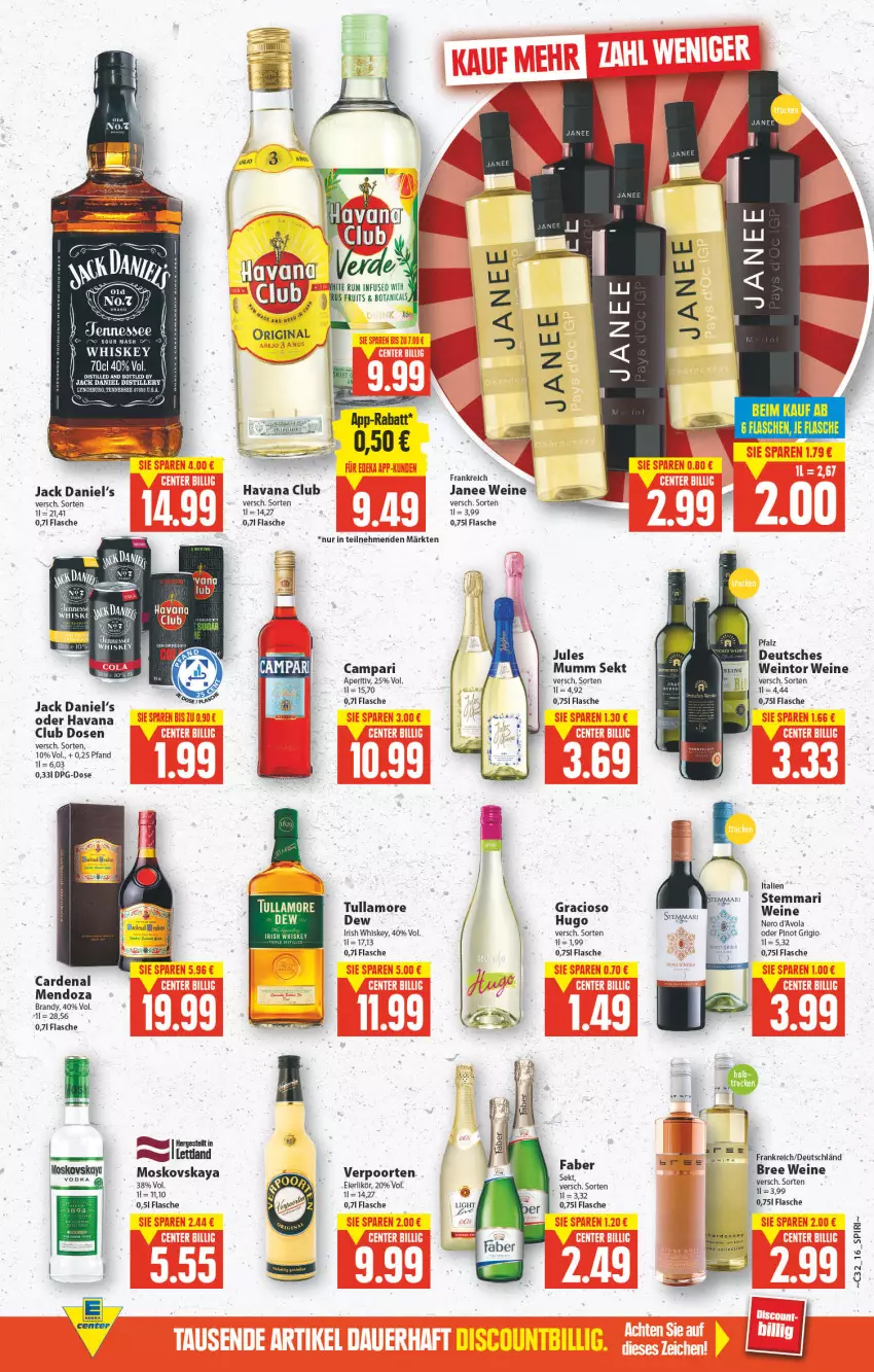 Aktueller Prospekt E Center - Angebote der Woche - von 08.08 bis 13.08.2022 - strona 15 - produkty: bree, campari, eier, eierlikör, flasche, gin, gracioso, Havana Club, hugo, irish whiskey, jack daniel, Jack Daniel’s, jules mumm, likör, moskovskaya, mumm, nero, Pinot, pinot grigio, rum, sekt, Ti, tullamore, tullamore dew, verpoorten, wein, weine, whiskey