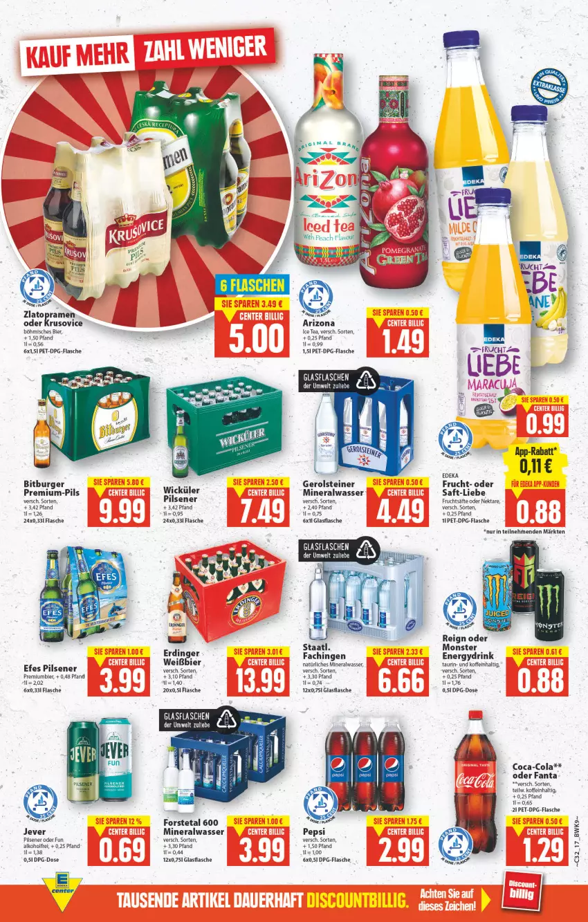 Aktueller Prospekt E Center - Angebote der Woche - von 08.08 bis 13.08.2022 - strona 16 - produkty: alkohol, Alwa, bier, bitburger, burger, coca-cola, cola, deka, drink, erdinger, fanta, flasche, Forstetal, frucht, fruchtsäfte, gerolsteine, gerolsteiner, glasflasche, ice tea, jever, jever pilsener, mineralwasser, monster, natürliches mineralwasser, Nektar, pepsi, pils, pilsener, saft, säfte, steiner, Ti, wasser, WICK