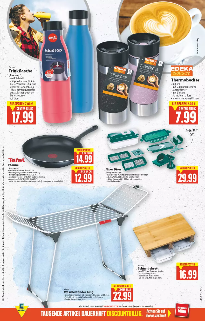 Aktueller Prospekt E Center - Angebote der Woche - von 08.08 bis 13.08.2022 - strona 19 - produkty: Alwa, angebot, angebote, backofen, bambus, Becher, Behälter, braun, burger, decke, Deckel, edelstahl, emsa, ente, flasche, hamburger, herdarten, kesper, leine, mineralwasser, Ofen, pfanne, Schal, Schale, schneidebrett, Signal, Sport, stifte, tefal, Ti, tisch, trinkflasche, Trockner, vileda, waschmaschine, waschmaschinen, wasser, würfel