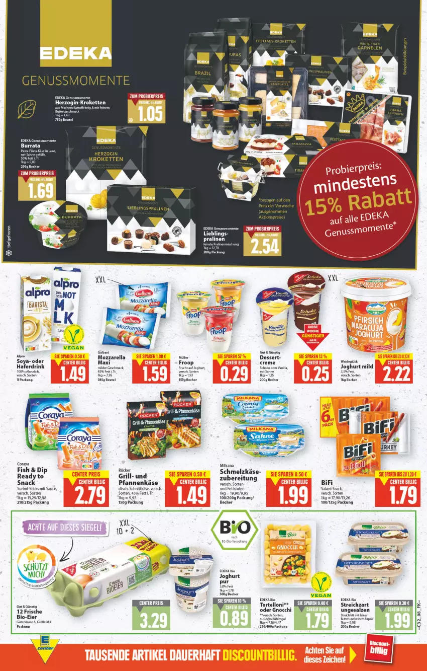 Aktueller Prospekt E Center - Angebote der Woche - von 08.08 bis 13.08.2022 - strona 8 - produkty: aktionspreis, aus dem kühlregal, Becher, beutel, bifi, bio, butter, creme, deka, dessert, drink, edeka bio, eier, eis, ente, froop, frucht, galbani, garnelen, gin, gnocchi, grill, hafer, Haferdrink, joghur, joghurt, joghurt mild, kartoffel, Käse, Kette, Kroketten, kühlregal, mac, milka, milkana, mozzarella, Müller, nuss, pasta, pfanne, pfannen, pfannenkäse, pralinen, rapsöl, regal, reis, rel, sahne, salz, sauce, Schmelzkäse, schnittkäse, schoko, snack, Streichzart, Ti, torte, tortelloni