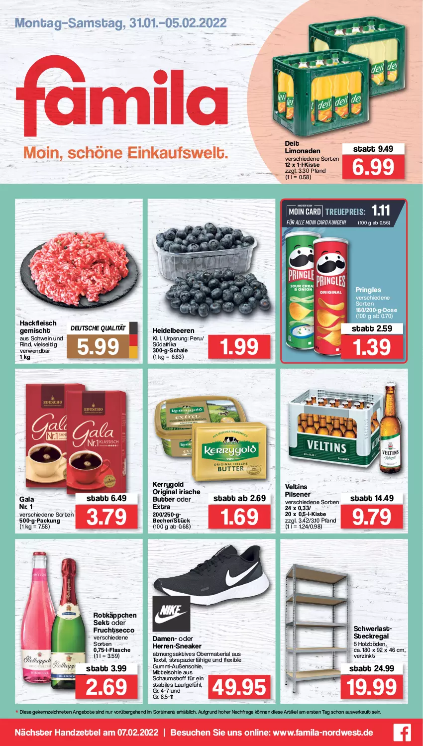 Aktueller Prospekt Famila - Prospekte - von 31.01 bis 05.02.2022 - strona 1 - produkty: angebot, angebote, Becher, beere, beeren, butter, deit, ecco, Eckregal, eis, flasche, fleisch, frucht, fruchtsecco, gin, hackfleisch, hackfleisch gemischt, heidelbeere, heidelbeeren, herren-sneaker, Holz, irische butter, kerrygold, limo, limonade, limonaden, pils, pilsener, pringles, regal, reis, Ria, rind, ring, rotkäppchen, rwe, Schal, Schale, schwein, schwein und rind, sekt, sneaker, steckregal, Ti, veltins, veltins pilsener, wein