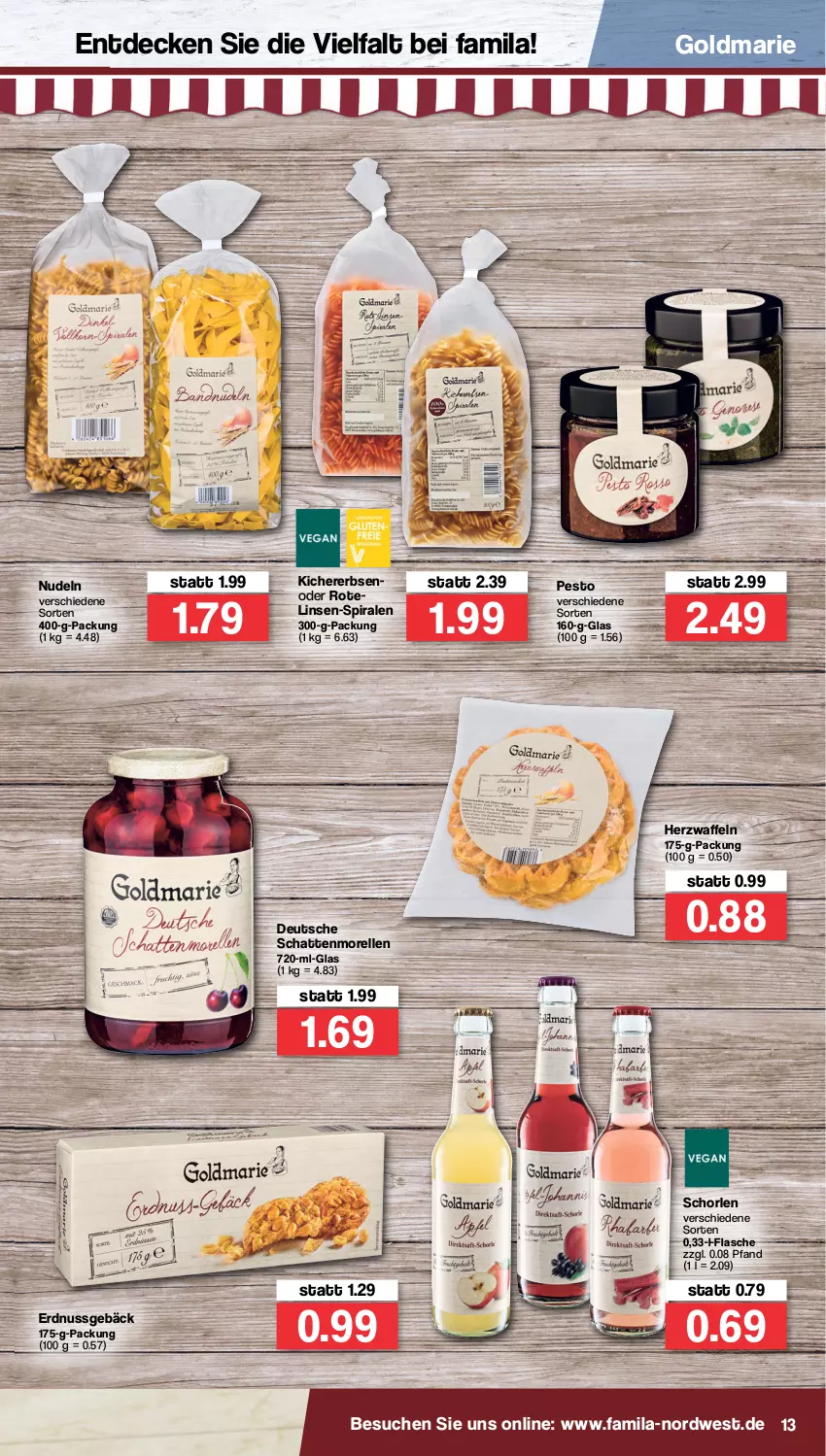 Aktueller Prospekt Famila - Prospekte - von 31.01 bis 05.02.2022 - strona 13 - produkty: decke, elle, erbsen, erdnuss, flasche, goldmarie, kichererbsen, linsen, morellen, nudel, nudeln, nuss, pesto, rel, schorle, waffeln