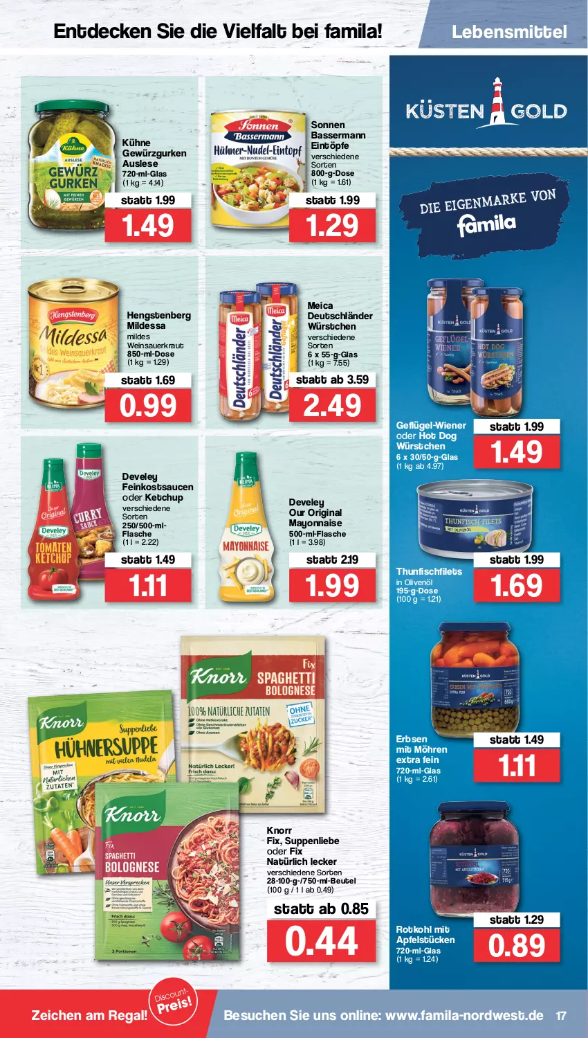 Aktueller Prospekt Famila - Prospekte - von 31.01 bis 05.02.2022 - strona 17 - produkty: apfel, auer, beutel, decke, develey, eintöpfe, erbsen, feinkost, filet, filets, fisch, flasche, Geflügel, gewürz, Gewürzgurke, gewürzgurken, gin, gurke, gurken, hengstenberg, hot dog, in olivenöl, ketchup, knorr, knorr fix, Kraut, Kühne, lebensmittel, mayonnaise, meica, möhren, olive, oliven, olivenöl, regal, rotkohl, sauce, saucen, suppe, suppen, suppenliebe, thunfisch, wein, wiener, würstchen, Yo