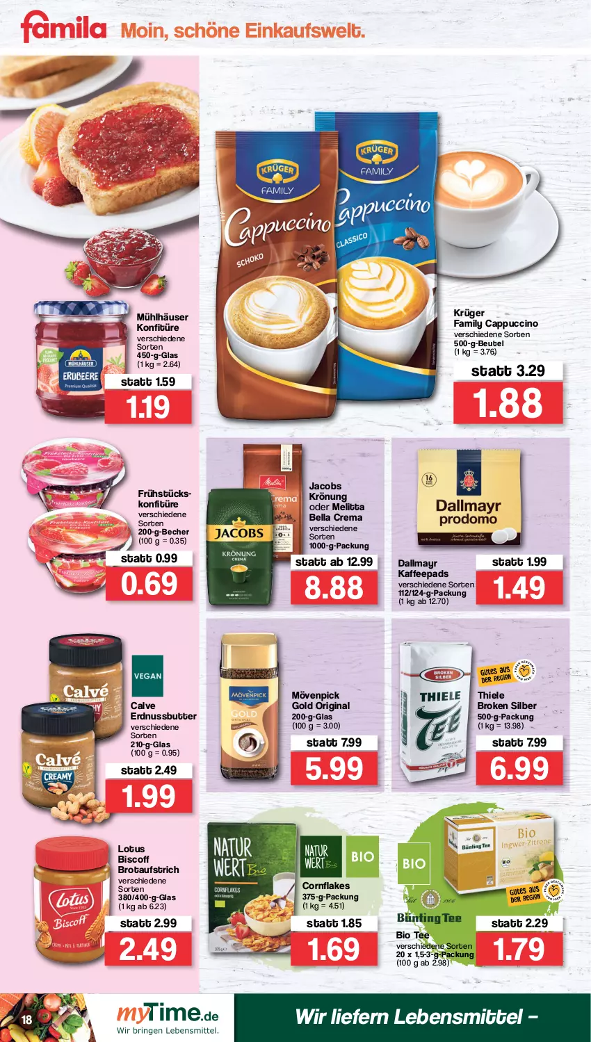 Aktueller Prospekt Famila - Prospekte - von 31.01 bis 05.02.2022 - strona 18 - produkty: aufstrich, Becher, bella crema, beutel, bio, biscoff, brot, brotaufstrich, butter, Cap, cappuccino, cin, dallmayr, erdnuss, Erdnussbutter, flakes, gin, jacobs, jacobs krönung, kaffee, kaffeepads, konfitüre, krüger, lebensmittel, melitta, mövenpick, mühlhäuser, nuss, tee