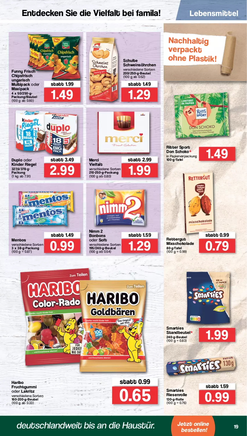 Aktueller Prospekt Famila - Prospekte - von 31.01 bis 05.02.2022 - strona 19 - produkty: asti, aust, beutel, bonbons, chips, chipsfrisch, decke, duplo, elle, frucht, fruchtgummi, Funny Frisch, haribo, Kinder, kinder riegel, Lakritz, lebensmittel, mentos, merci, Nimm 2, oder lakritz, papier, riegel, ritter, ritter sport, schoko, schokolade, schwein, smarties, Sport, Ti, wein