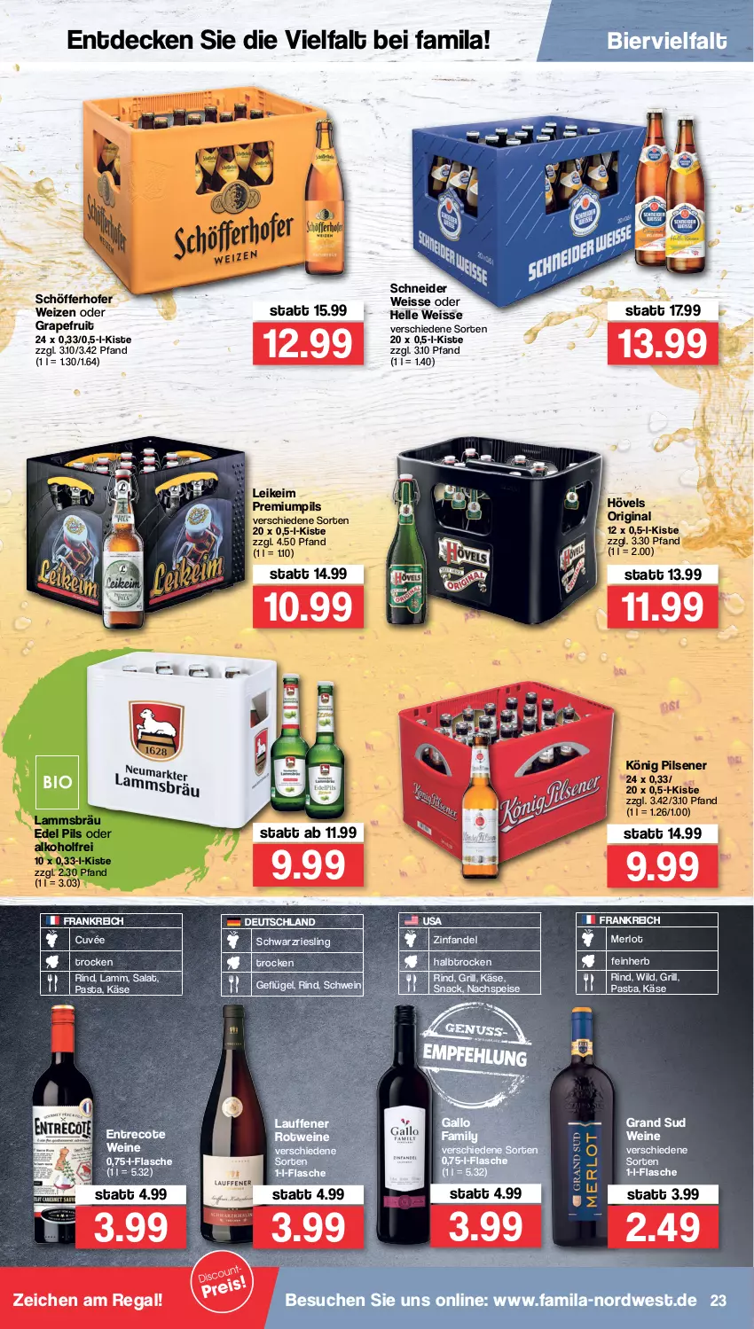 Aktueller Prospekt Famila - Prospekte - von 31.01 bis 05.02.2022 - strona 23 - produkty: alkohol, bier, cuvée, decke, eis, elle, flasche, gallo, gallo family, Geflügel, gin, grand sud, grapefruit, grill, Käse, könig pilsener, lamm, merl, merlot, pasta, pils, pilsener, regal, riesling, rind, rotwein, salat, schöfferhofer, schwarzriesling, schwein, snack, wein, weine, Wild