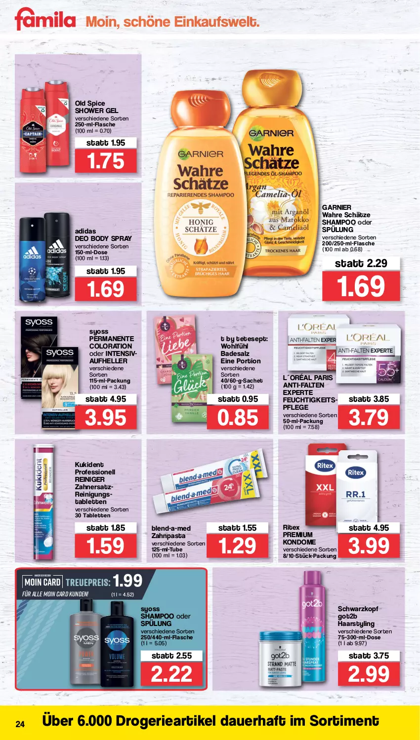 Aktueller Prospekt Famila - Prospekte - von 31.01 bis 05.02.2022 - strona 24 - produkty: Adidas, anti-falten experte, auer, Bad, blend-a-med, body, deo, eis, elle, ente, feuchtigkeitspflege, flasche, garnier, got2b, Kondome, Kukident, L´Oréal, Old Spice, pasta, reiniger, Reinigung, reis, Ritex, sac, salz, schwarzkop, schwarzkopf, shampoo, shampoo oder spülung, spülung, syoss, tablet, tablett, Tablette, Ti, Wahre Schätze, Yo, zahnpasta