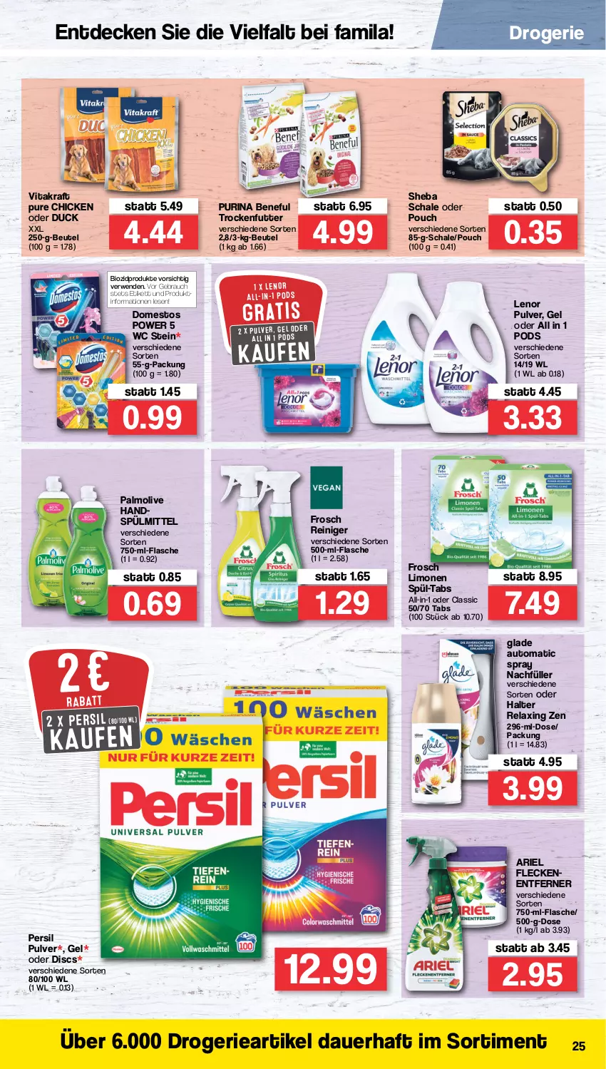 Aktueller Prospekt Famila - Prospekte - von 31.01 bis 05.02.2022 - strona 25 - produkty: ariel, auer, auto, beutel, bio, biozidprodukte, decke, domestos, Duck, flasche, Frosch, Glade, kraft, lenor, limo, limonen, olive, palmolive, persil, Pods, purina, Rauch, reiniger, rel, rwe, Schal, Schale, sheba, spülmittel, Ti, trockenfutter, vita, vitakraft