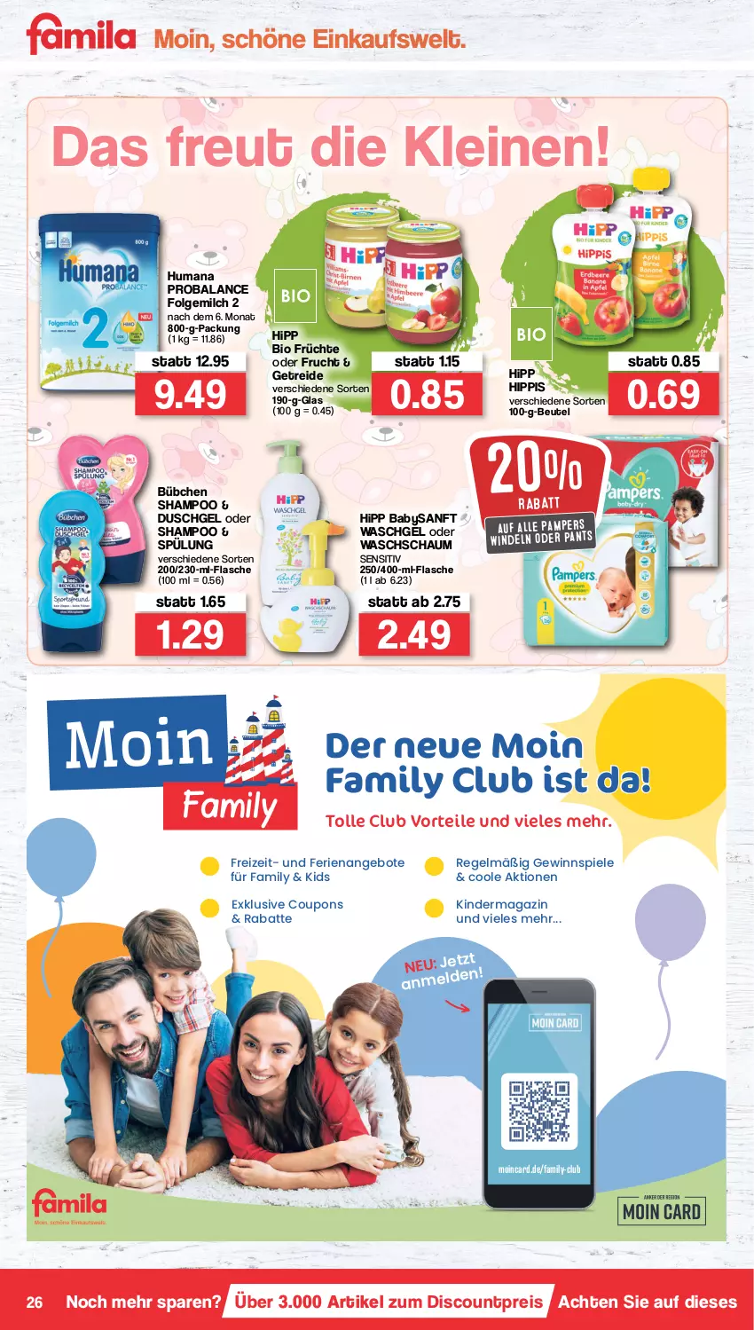 Aktueller Prospekt Famila - Prospekte - von 31.01 bis 05.02.2022 - strona 26 - produkty: angebot, angebote, beutel, bio, bübchen, coupon, coupons, discount, duschgel, eis, flasche, folgemilch, frucht, früchte, gewinnspiel, hipp, Kinder, leine, LG, magazin, milch, pampers, Pants, reis, roba, shampoo, Spiele, spülung, Ti, waschgel, windeln, windeln oder pants