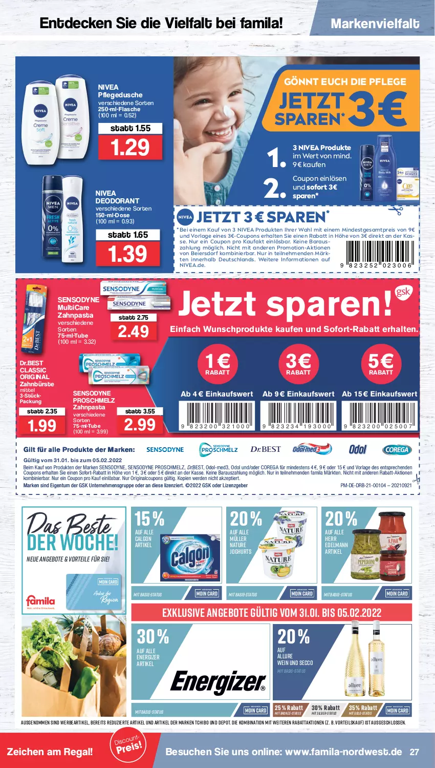 Aktueller Prospekt Famila - Prospekte - von 31.01 bis 05.02.2022 - strona 27 - produkty: angebot, angebote, bürste, calgon, coupon, coupons, decke, deo, deodorant, dusche, ecco, eier, eis, energizer, erde, flasche, gin, HP, joghur, joghurt, LG, Müller, natur, nivea, Odol, pasta, pflegedusche, regal, reis, sensodyne, sofort-rabatt, Tchibo, Ti, wein, zahnbürste, zahnpasta