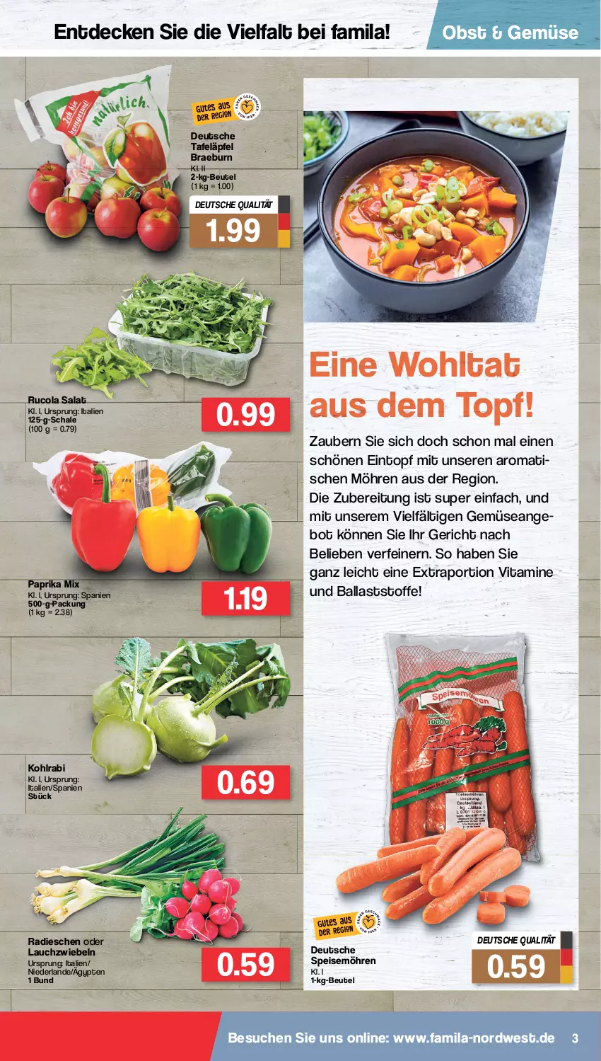 Aktueller Prospekt Famila - Prospekte - von 31.01 bis 05.02.2022 - strona 3 - produkty: angebot, ball, beutel, cola, decke, eintopf, eis, kohlrabi, Lauchzwiebel, lauchzwiebeln, möhren, obst, paprika, paprika mix, radieschen, rucola, salat, Schal, Schale, speisemöhren, tafeläpfel, Ti, tisch, topf, vita, Vitamine, zwiebel, zwiebeln