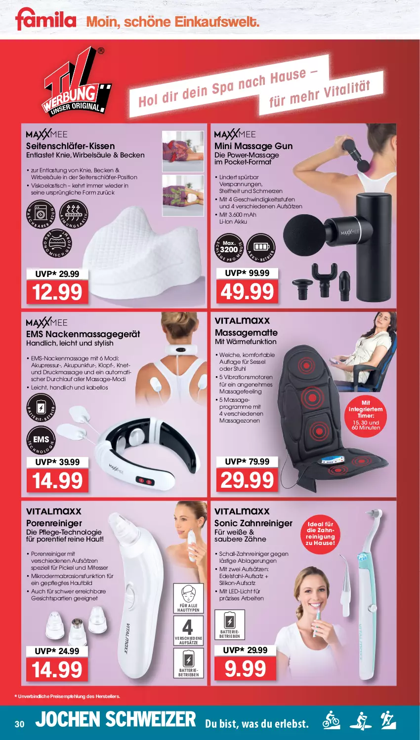 Aktueller Prospekt Famila - Prospekte - von 31.01 bis 05.02.2022 - strona 30 - produkty: akku, asti, auto, batterie, edelstahl, eis, elle, kissen, led-licht, mab, Massagegerät, reiniger, Reinigung, reis, Schal, sessel, Spezi, stuhl, teller, Ti, timer, tisch