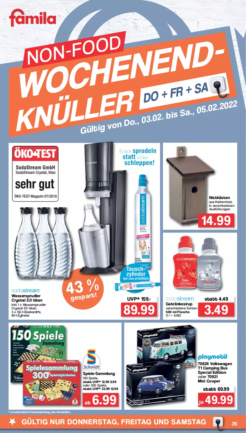 Aktueller Prospekt Famila - Prospekte - von 31.01 bis 05.02.2022 - strona 35 - produkty: eis, elle, flasche, getränk, getränke, getränkesirup, glaskaraffe, Holz, Karaffe, reis, sirup, Spiele, teller, Ti, wasser, wassersprudler