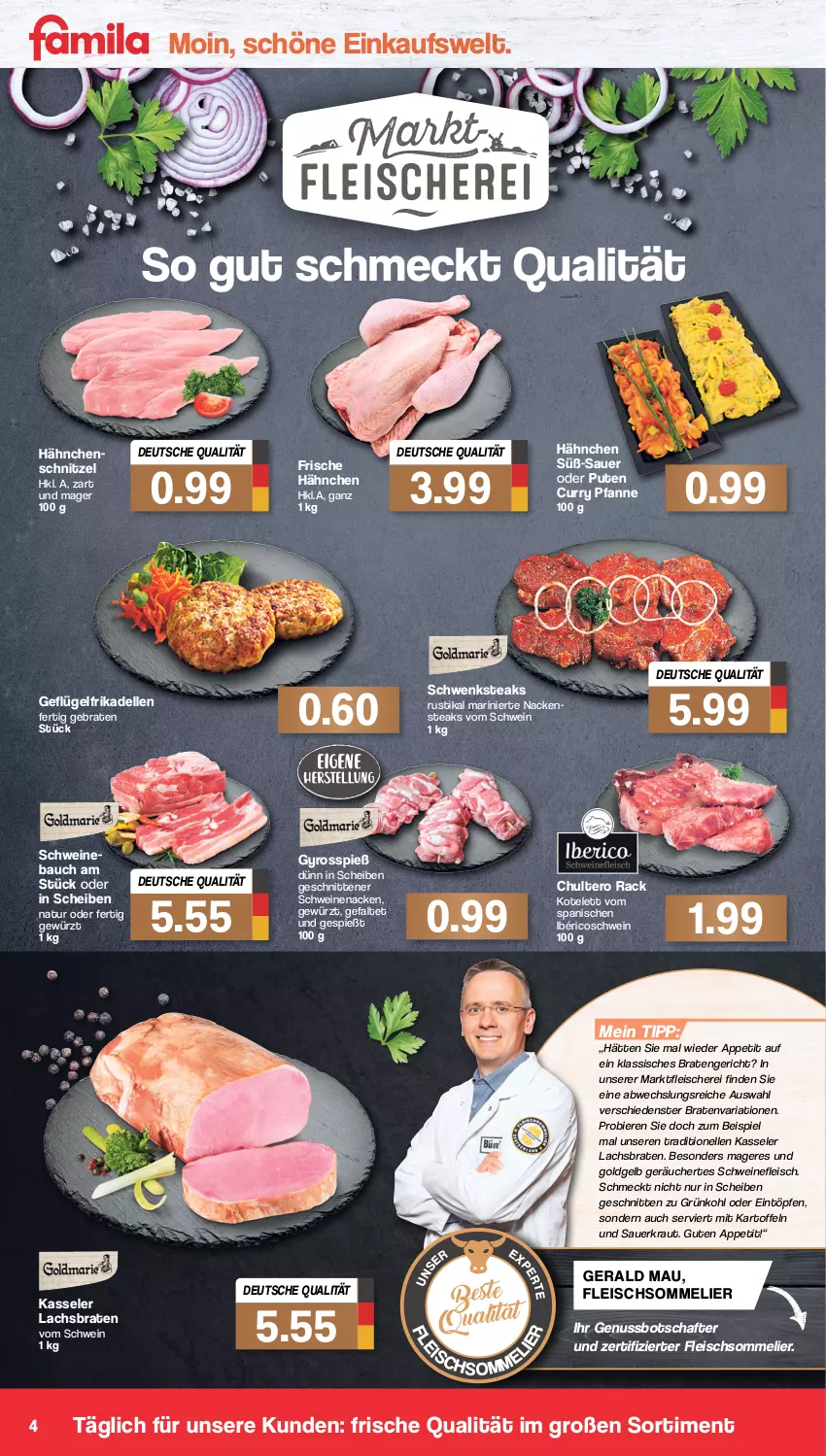 Aktueller Prospekt Famila - Prospekte - von 31.01 bis 05.02.2022 - strona 4 - produkty: auer, Bau, bier, Biere, braten, curry, dell, eintöpfe, eis, elle, fleisch, Fleischerei, fleischsommelier, frikadellen, Frische Hähnchen, Geflügel, gewürz, gyros, Hähnchenschnitzel, kartoffel, kartoffeln, kasseler, kotelett, Kraut, lachs, Lachsbraten, Nackensteak, nackensteaks, natur, nuss, pfanne, pute, Ria, Sauerkraut, Schere, schnitten, schnitzel, schwein, schweine, Schweinebauch, schweinefleisch, schweinenacken, steak, steaks, Ti, wein, weine