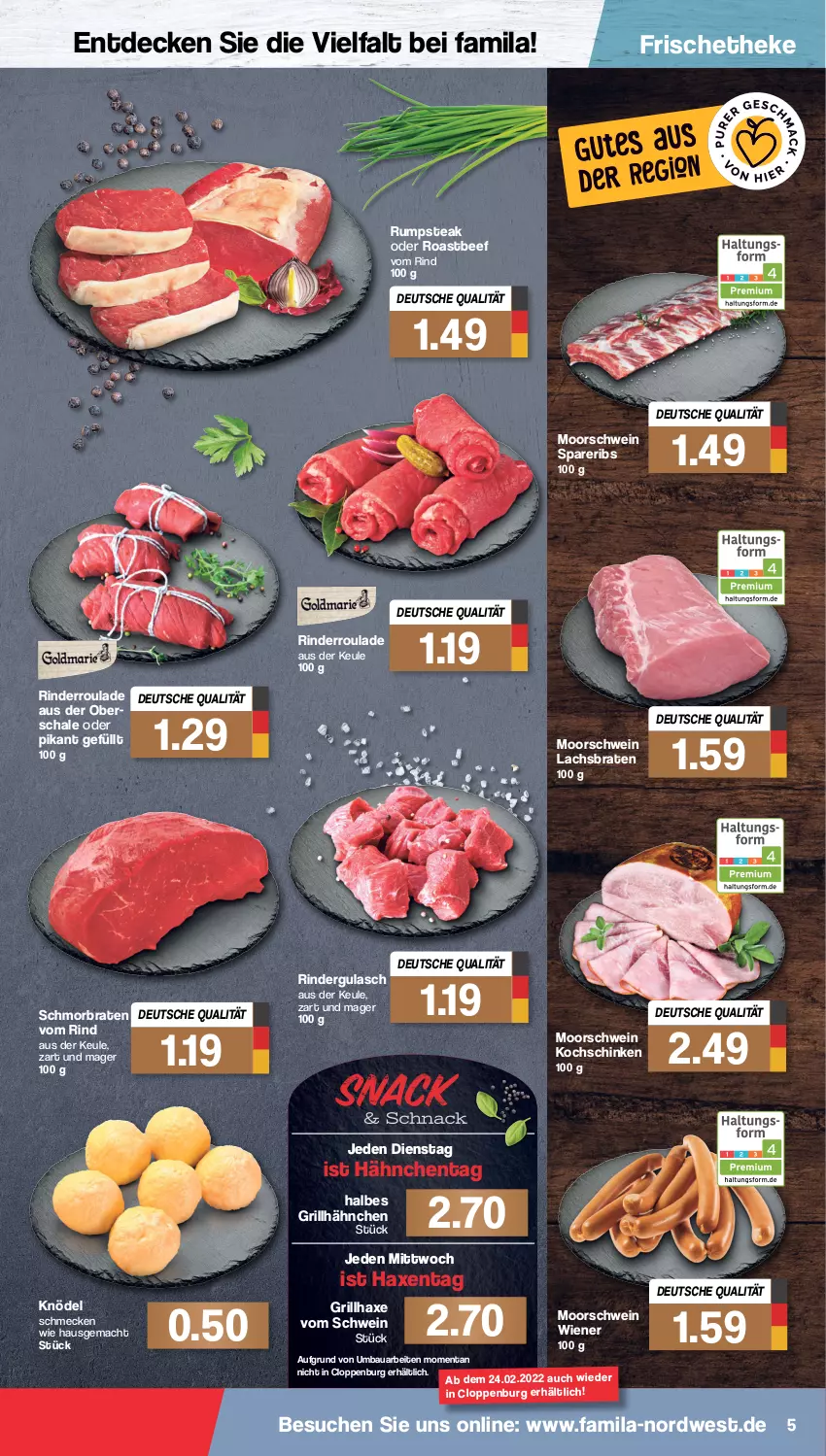 Aktueller Prospekt Famila - Prospekte - von 31.01 bis 05.02.2022 - strona 5 - produkty: axe, Bau, beef, braten, decke, grill, grillhähnchen, grillhaxe, gulasch, Haxe, Knödel, kochschinken, lachs, Lachsbraten, mac, rind, rinder, rindergulasch, Rinderroulade, roastbeef, rum, rumpsteak, Schal, Schale, schinken, schmorbraten, schwein, spareribs, steak, wein, wiener