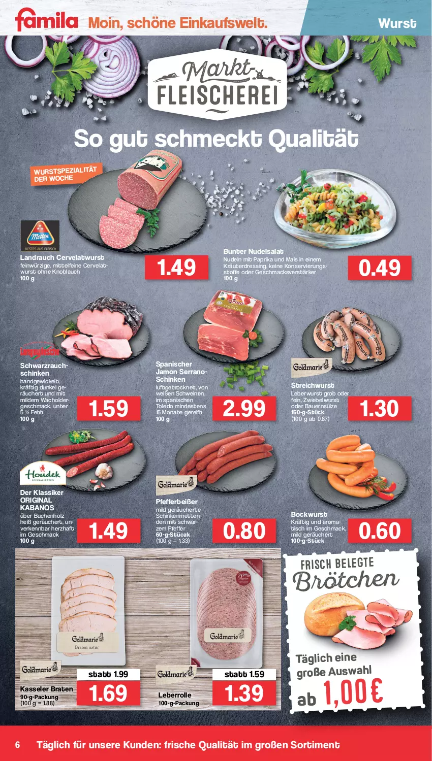 Aktueller Prospekt Famila - Prospekte - von 31.01 bis 05.02.2022 - strona 6 - produkty: auer, Bau, Bauer, bockwurst, braten, brötchen, buch, dressing, gin, Holz, kabanos, kasseler, knoblauch, kräuter, Leberrolle, leberwurst, mac, mais, Mett, metten, Mettenden, mit paprika, nudel, nudeln, nudelsalat, paprika, pfeffer, Pfefferbeißer, Rauch, salat, schinken, schwein, schweine, serrano, Spezi, Ti, tisch, wein, weine, WICK, wurst, zwiebel