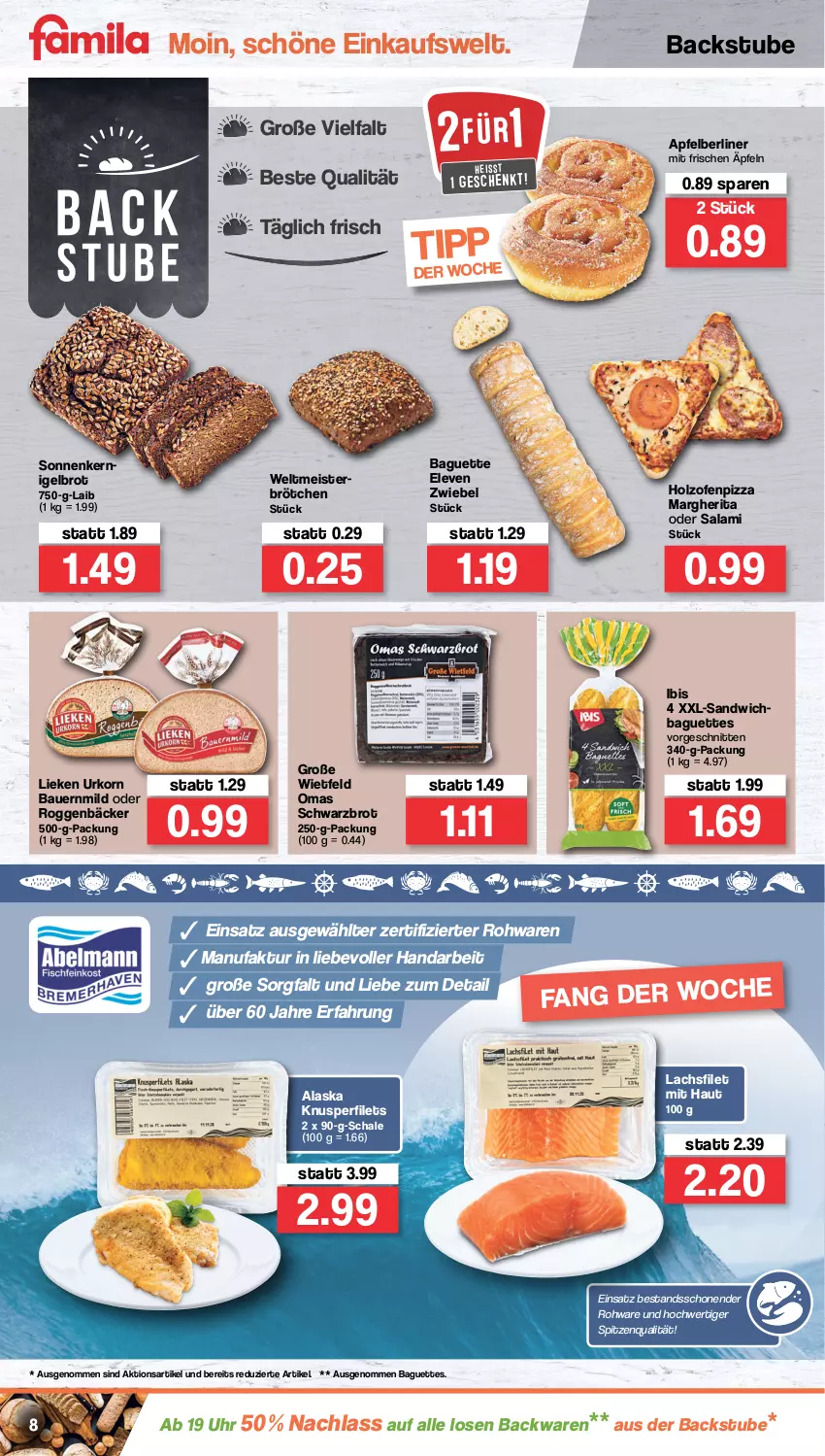 Aktueller Prospekt Famila - Prospekte - von 31.01 bis 05.02.2022 - strona 8 - produkty: apfel, auer, backwaren, baguette, baguettes, Bau, Bauer, berliner, brot, brötchen, eis, Faktu, filet, filets, Holz, korn, lachs, lachsfilet, lieken, margherita, Meister, Ofen, pizza, salami, sandwich, Schal, Schale, schnitten, Schwarzbrot, spitzenqualität, stube, Ti, uhr, urkorn, zwiebel